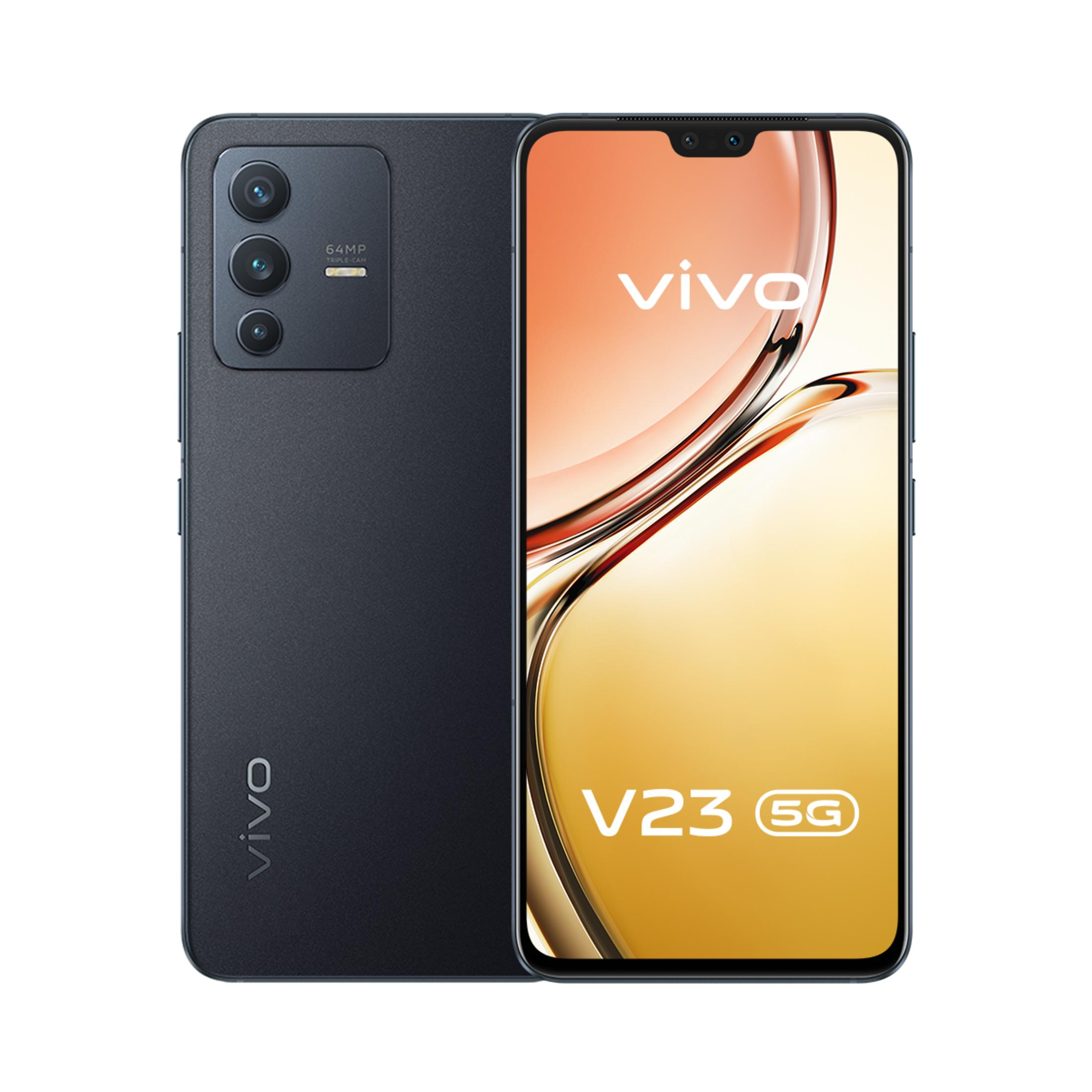 Smartphone Vivo V23 5G grigio scuro con tripla fotocamera e schermo illuminato.