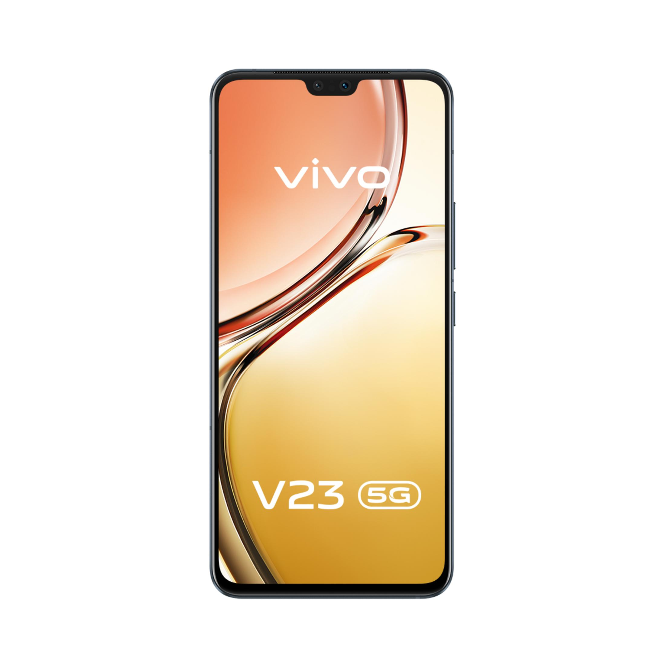 Uno smartphone nero Vivo V23 5G con sfondo oro-arancio.
