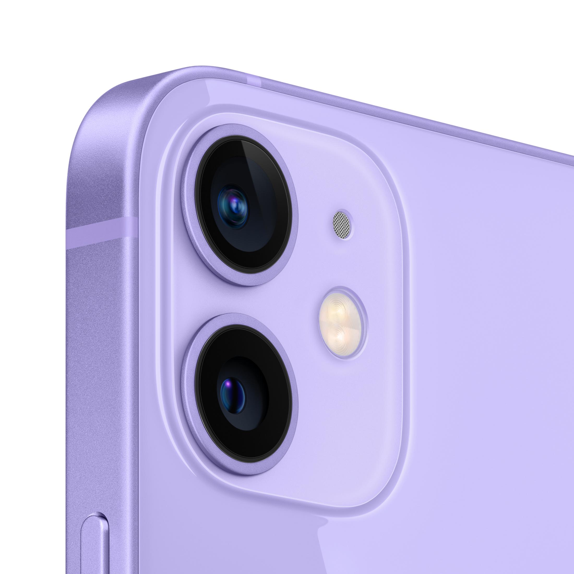 Zbliżenie tyłu fioletowego iPhone'a z dwoma aparatami i lampą błyskową.