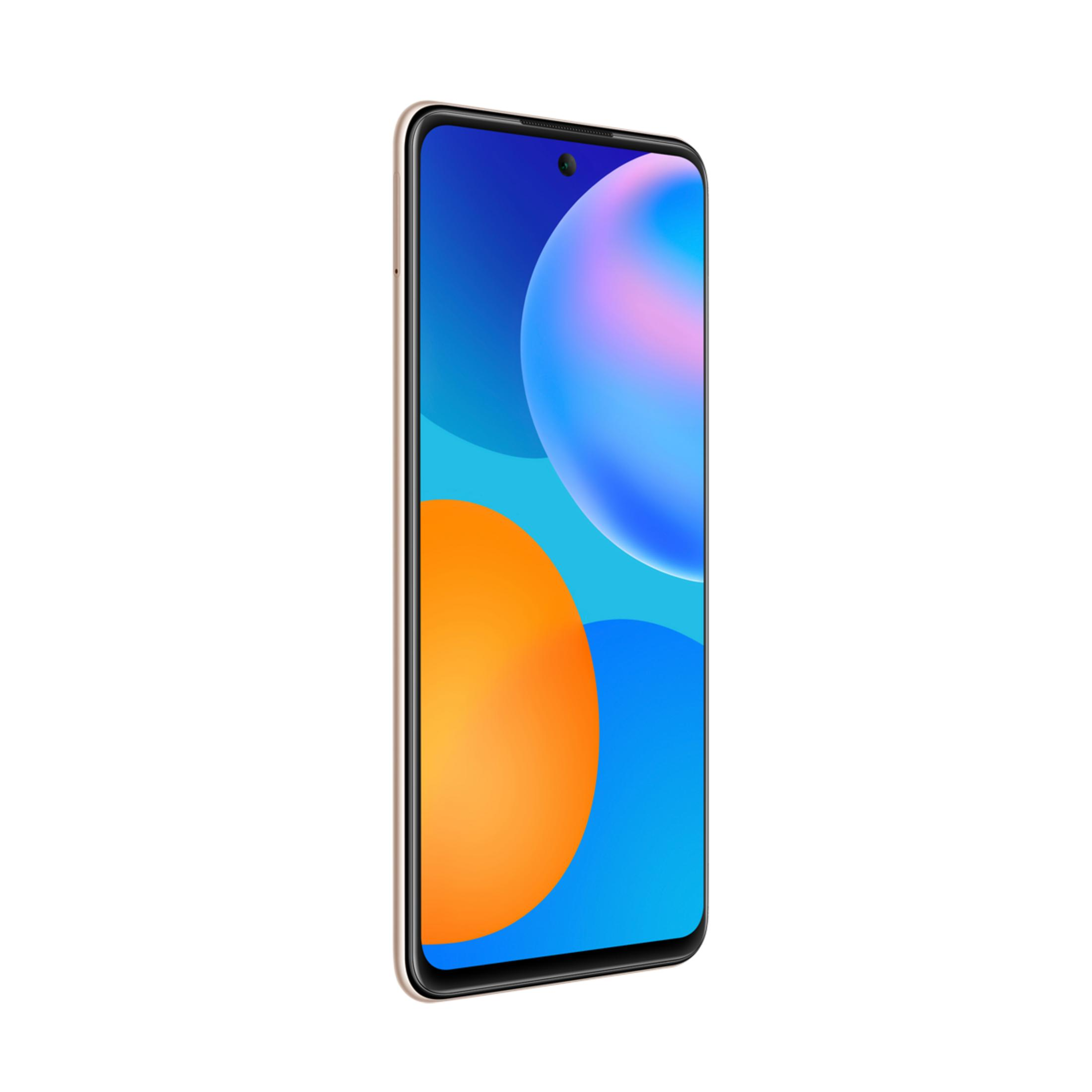 Ein goldener Smartphone-Bildschirm mit blauen und orangen Kreisen.