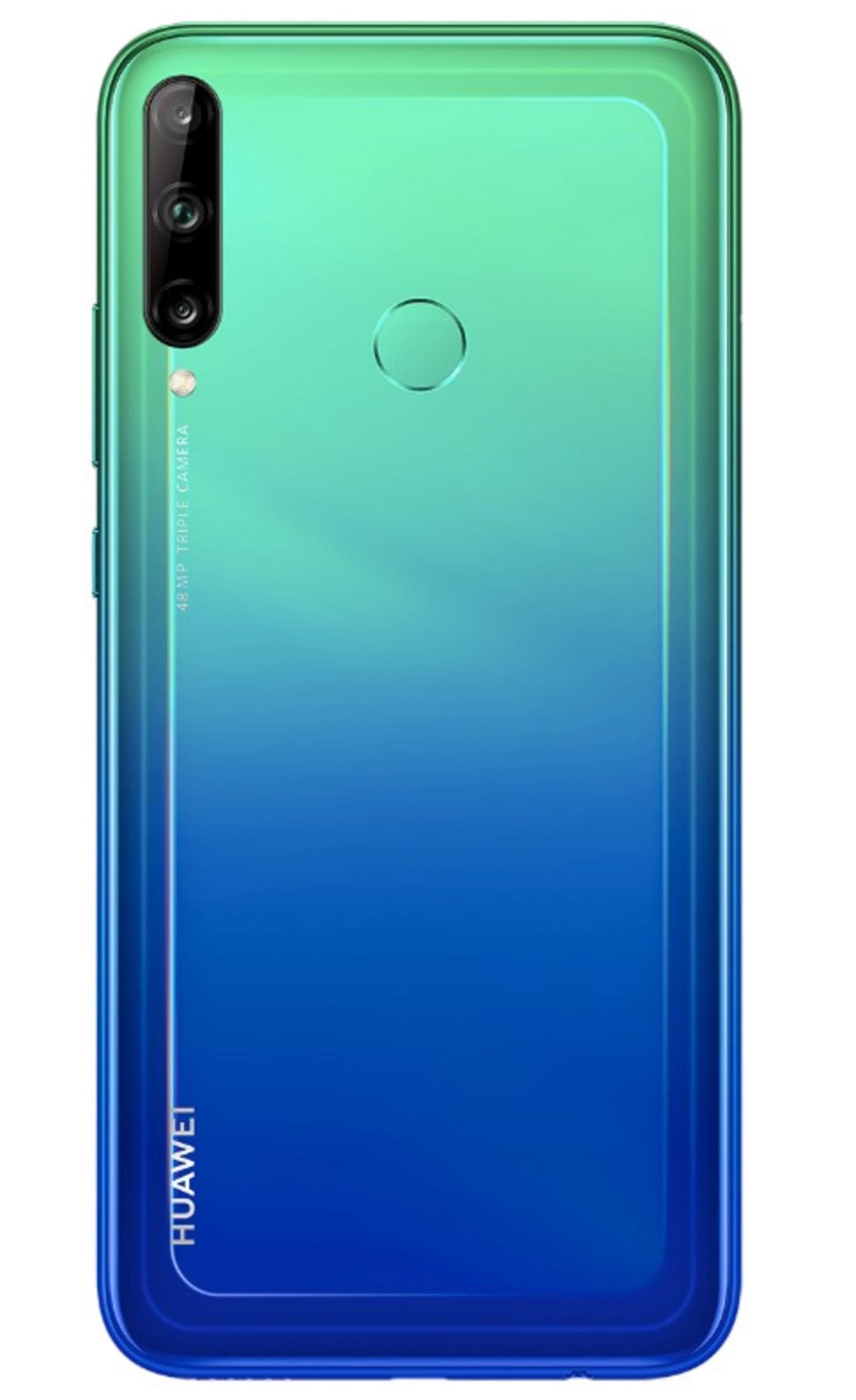 Rückseite eines Huawei-Smartphones mit dreifacher Kamera und Farbverlauf von Grün zu Blau.