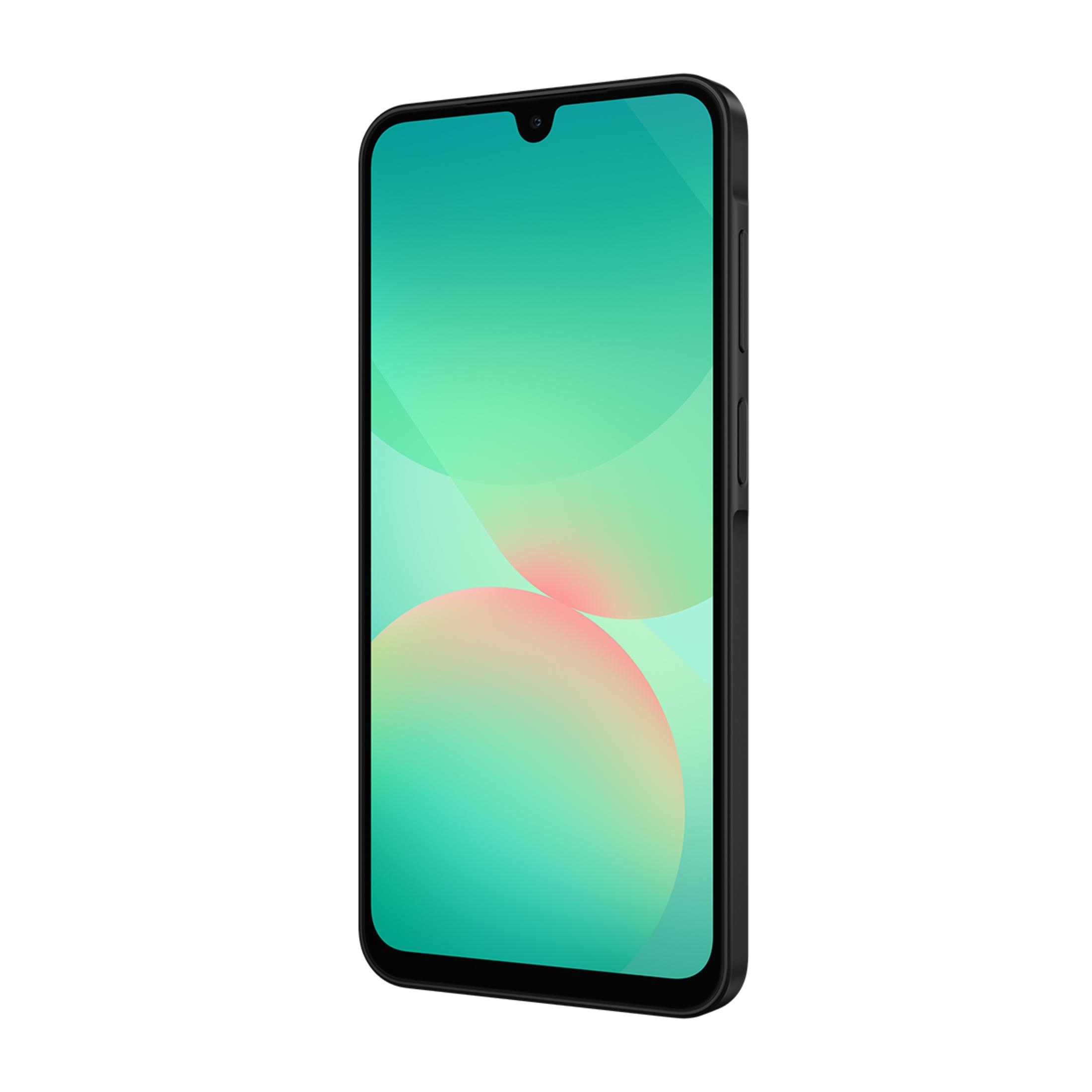Yeşil ve pembe tonlarda degrade ekrana sahip siyah bir akıllı telefon.