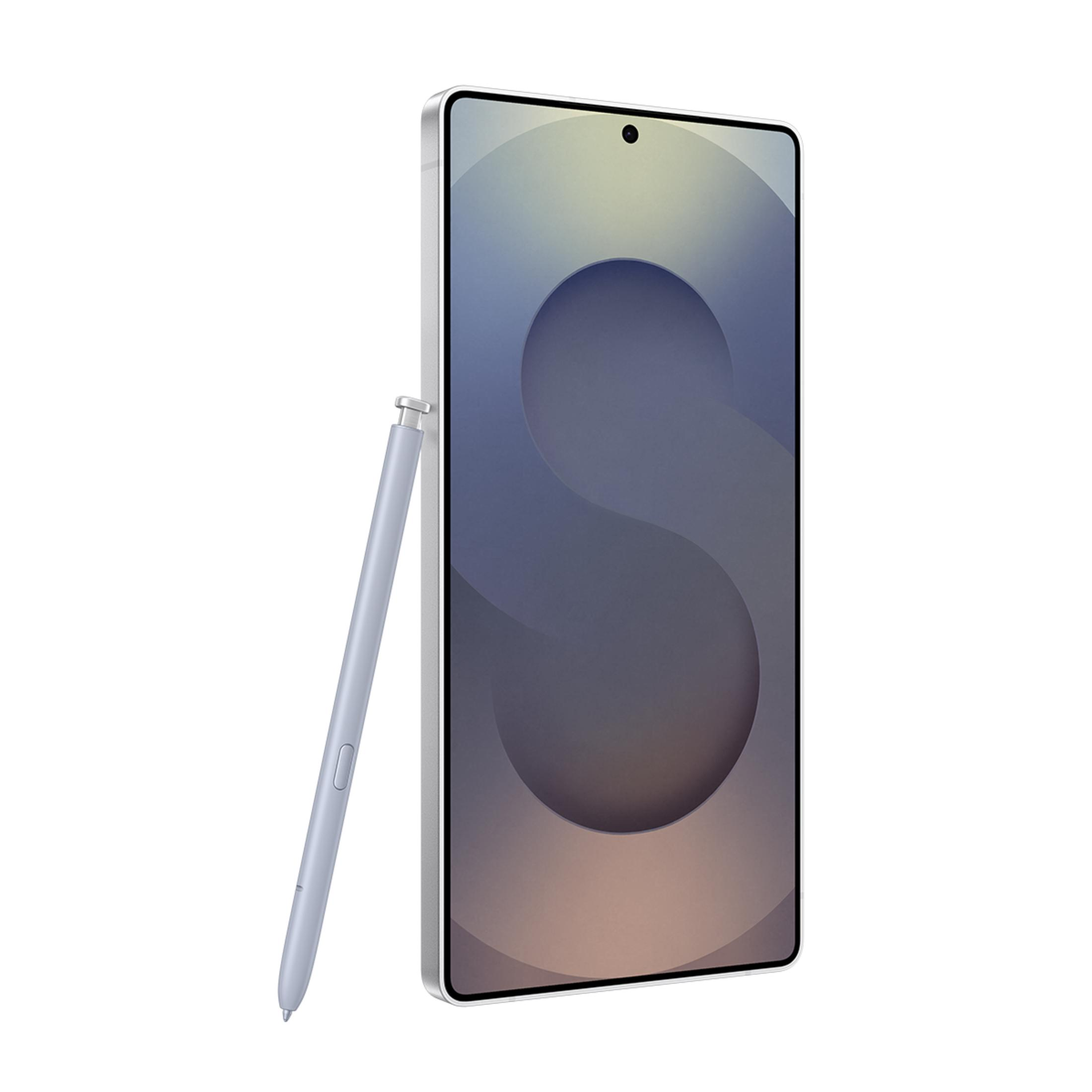 Yanında stylus kalem bulunan açık mavi akıllı telefon, beyaz arka plan.