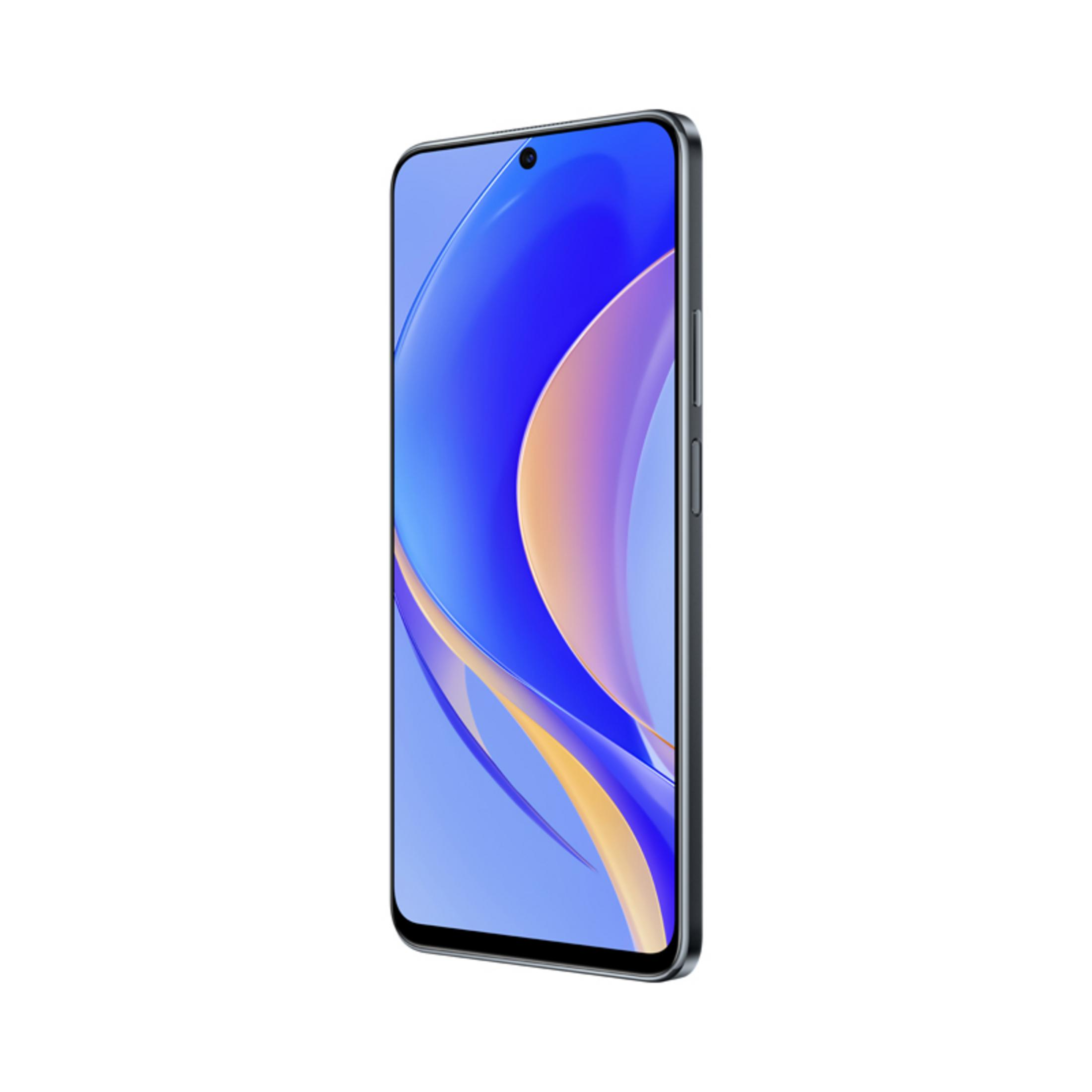 Un smartphone moderne avec un cadre gris et un fond d'écran bleu.