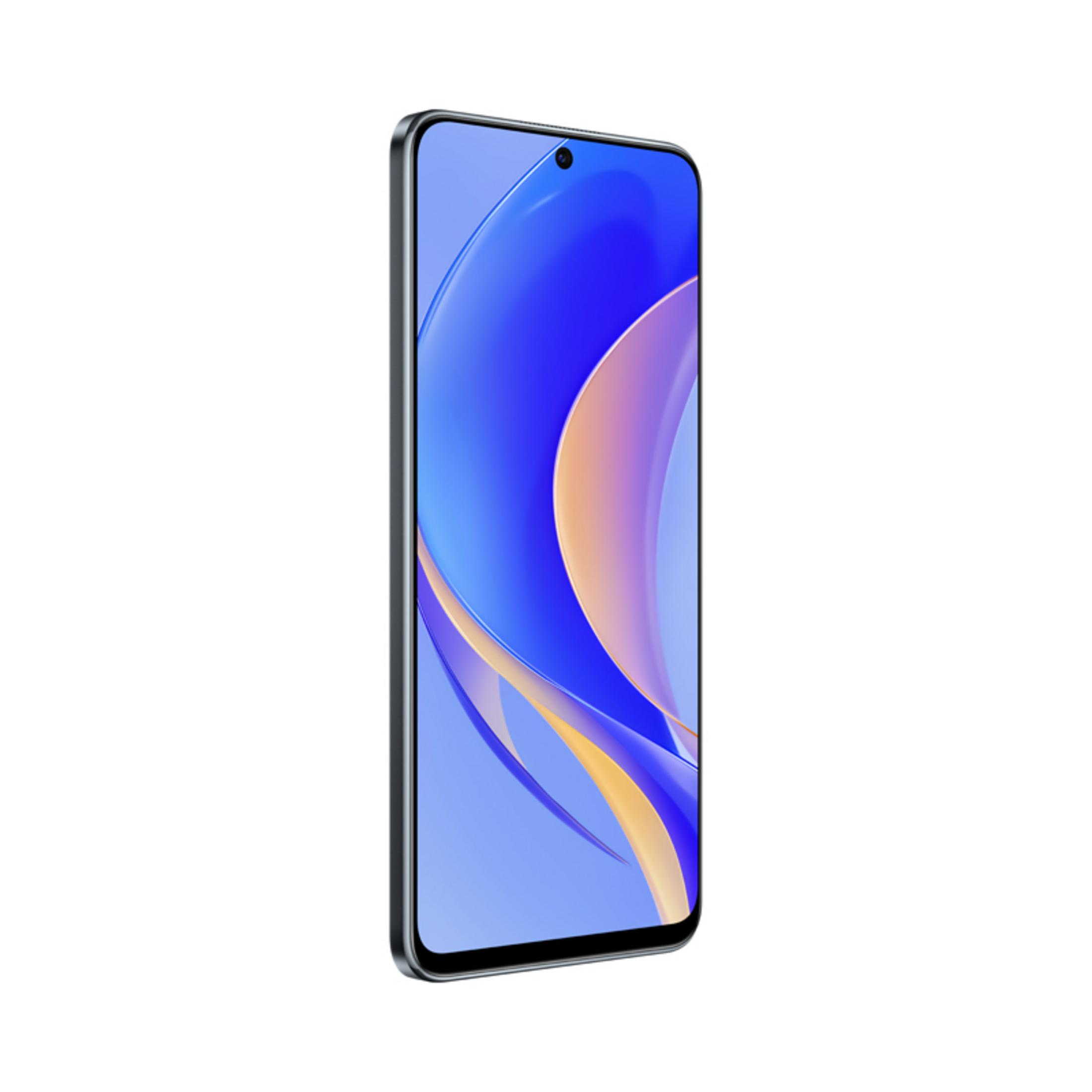 Un smartphone moderne affichant un fond d'écran bleu et jaune.