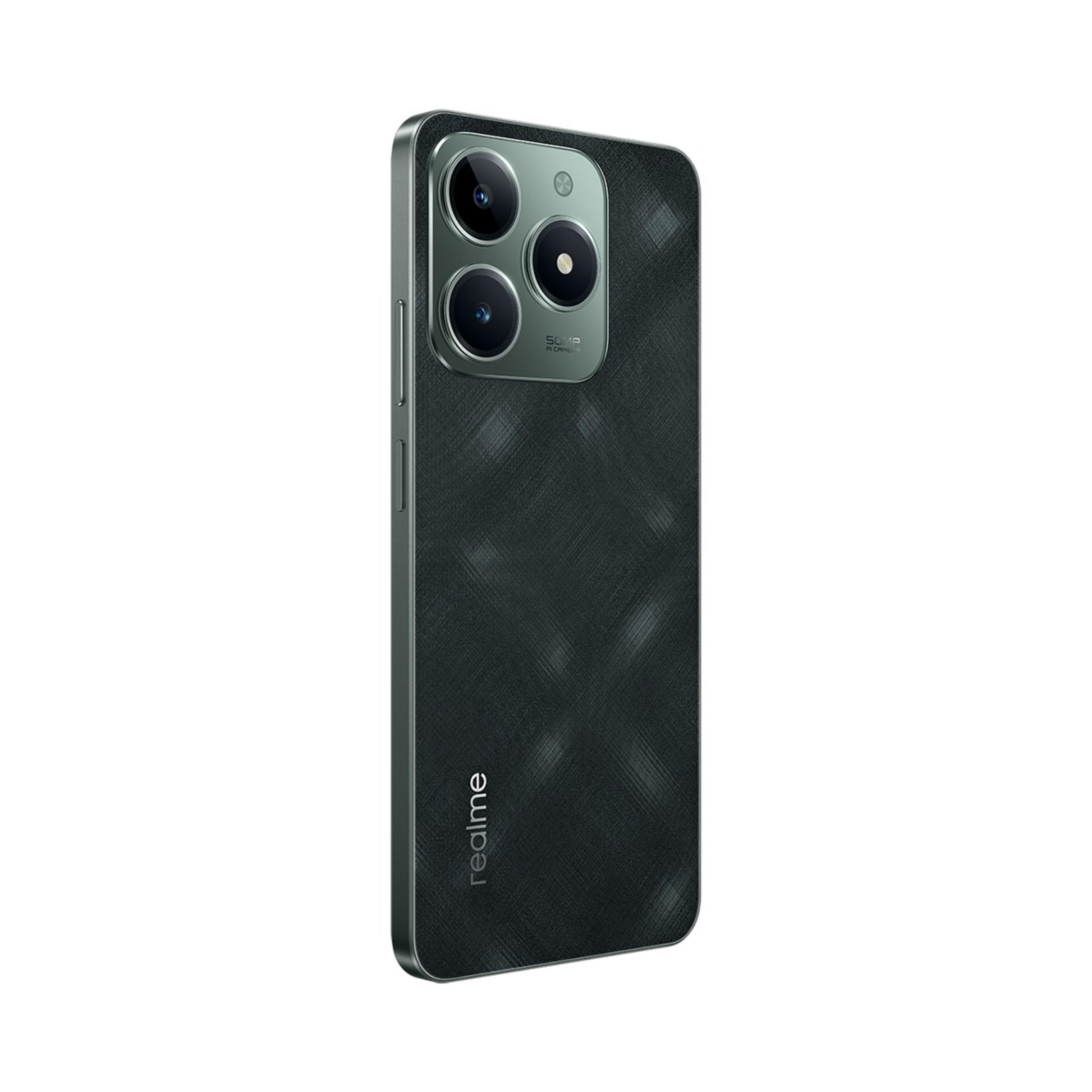 Arkada üç kamera ve Realme logosu bulunan koyu gri akıllı telefon.