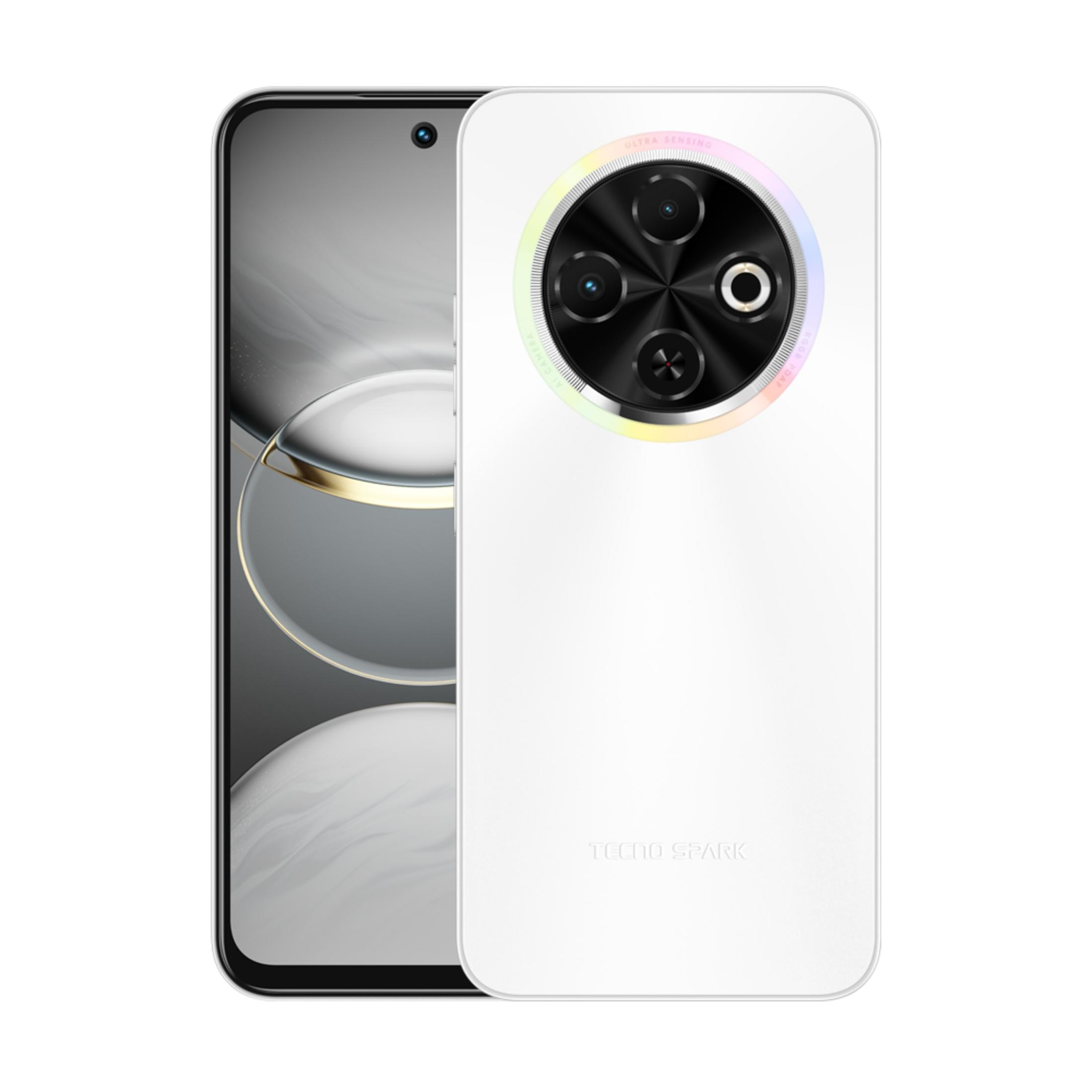 Uno smartphone bianco con modulo fotocamera rotondo e tre obiettivi.