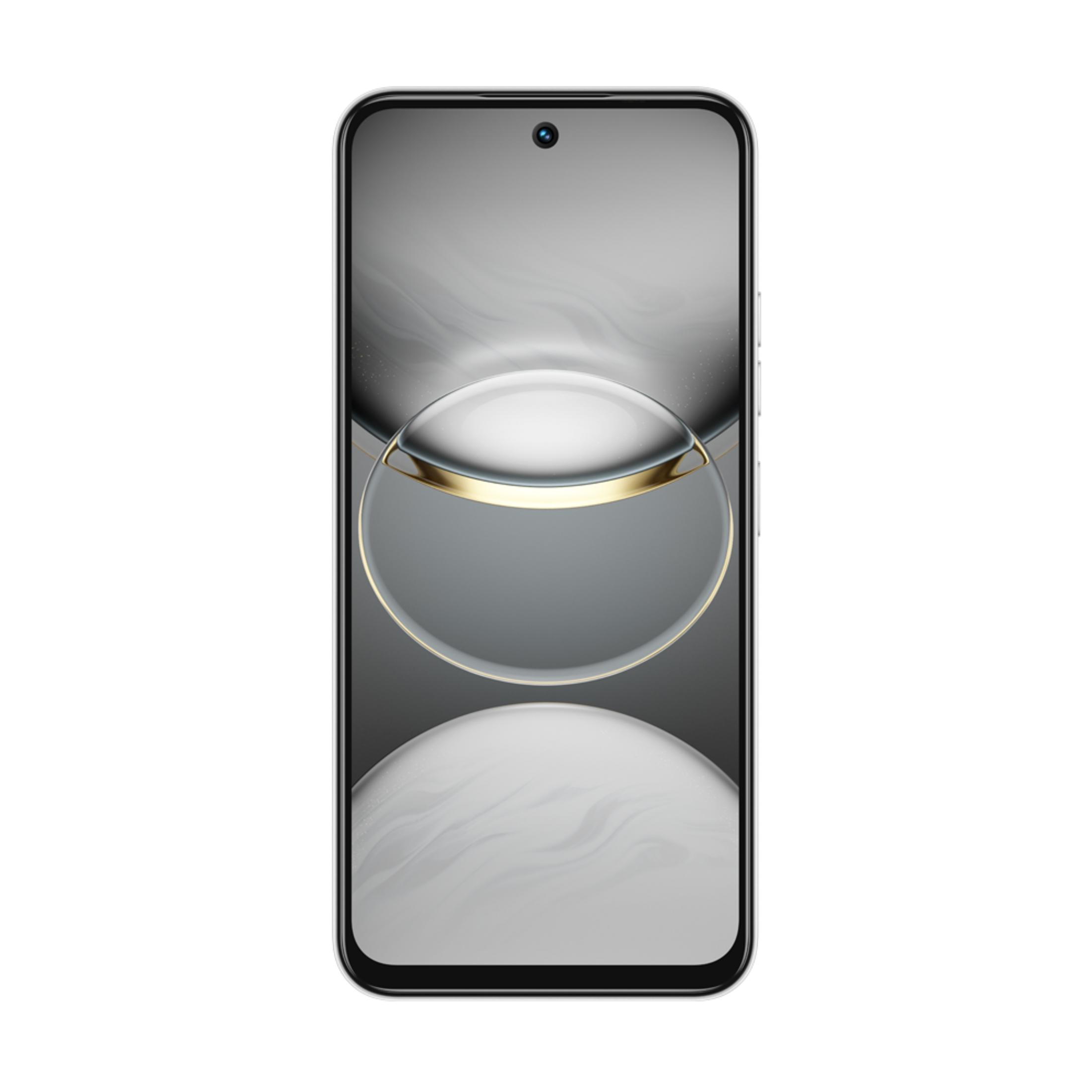 Uno smartphone argentato con un accento rotondo e dorato sul display.