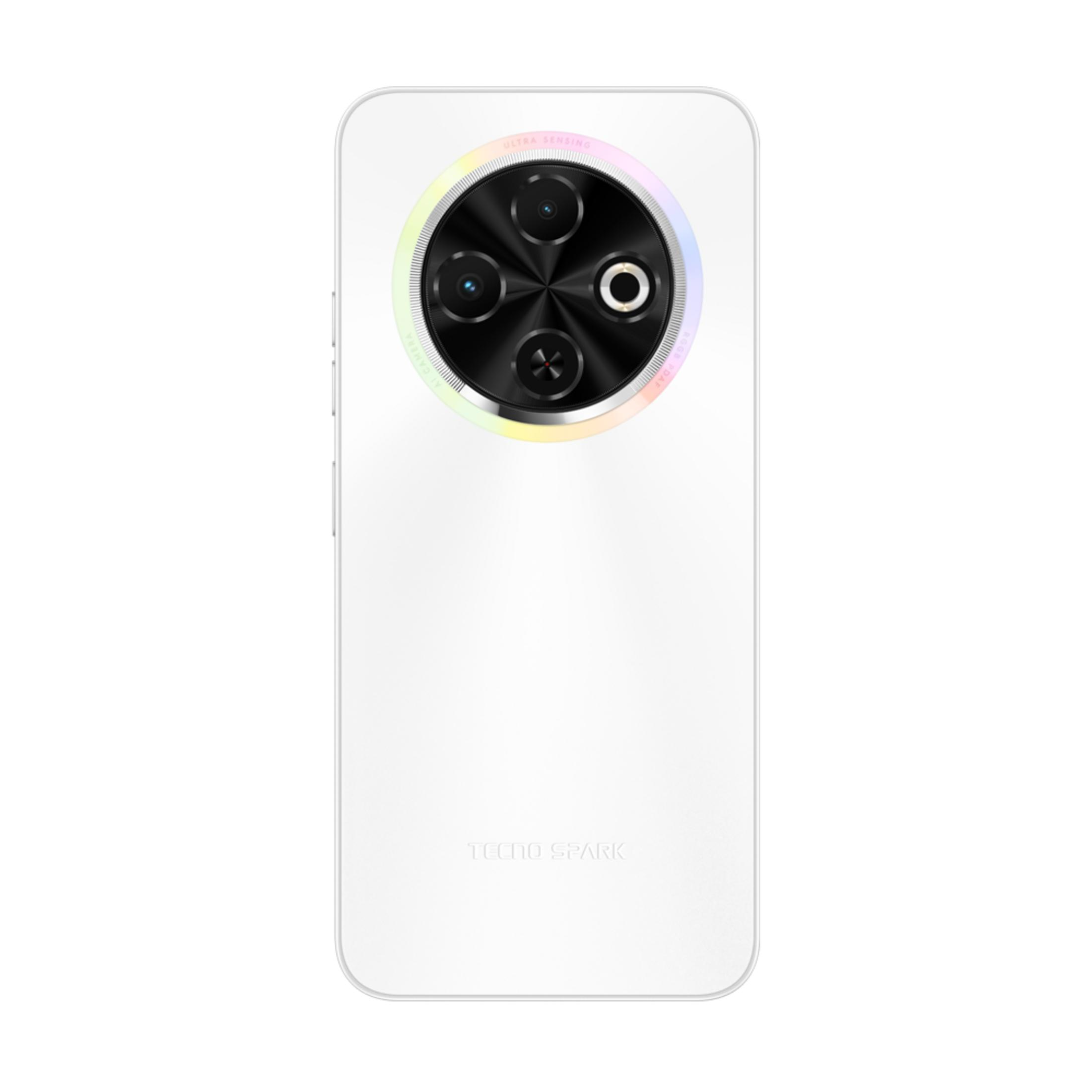 Uno smartphone bianco con modulo fotocamera rotondo effetto arcobaleno.