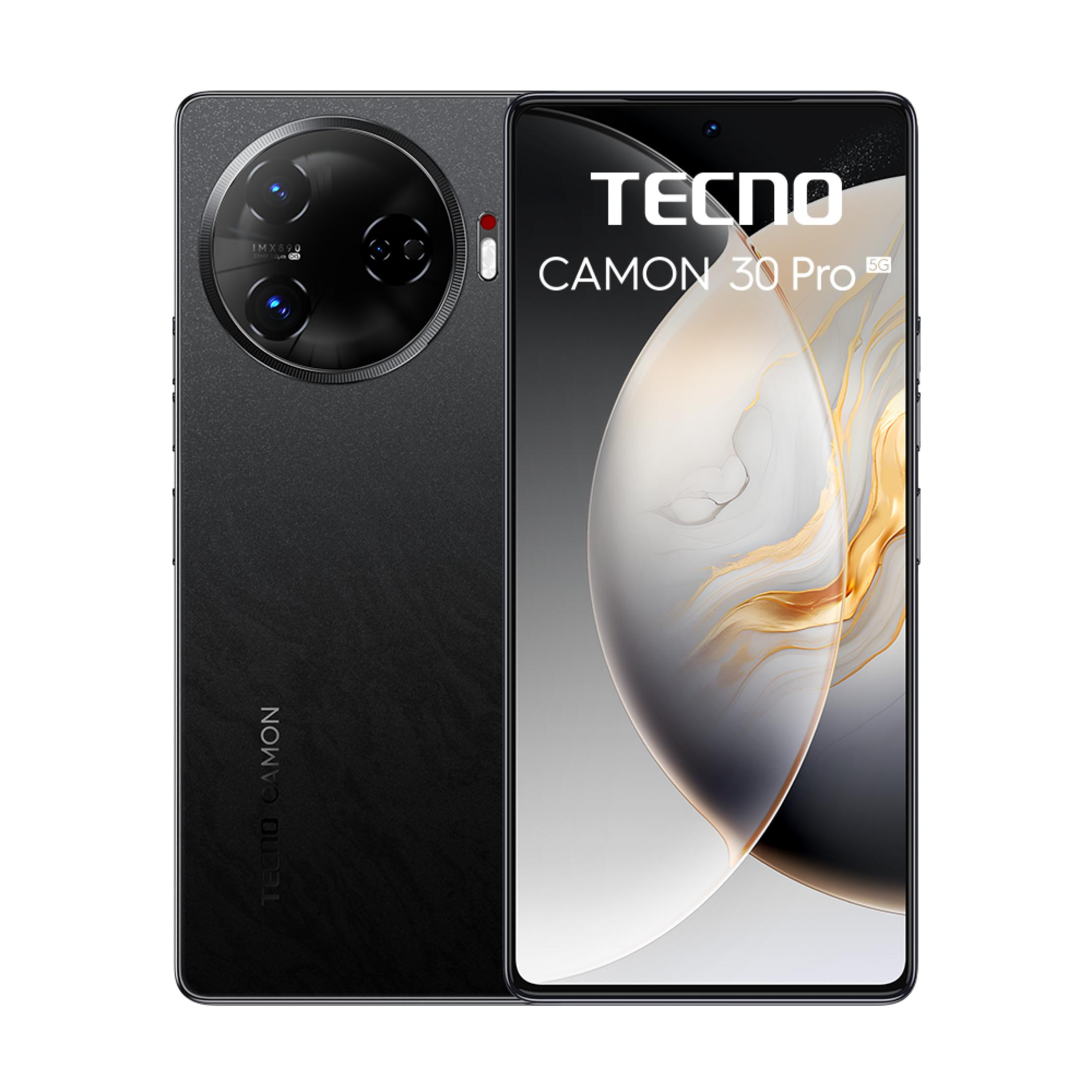 Arkada büyük kamera modülüne sahip siyah bir Tecno Camon 30 Pro 5G akıllı telefon.