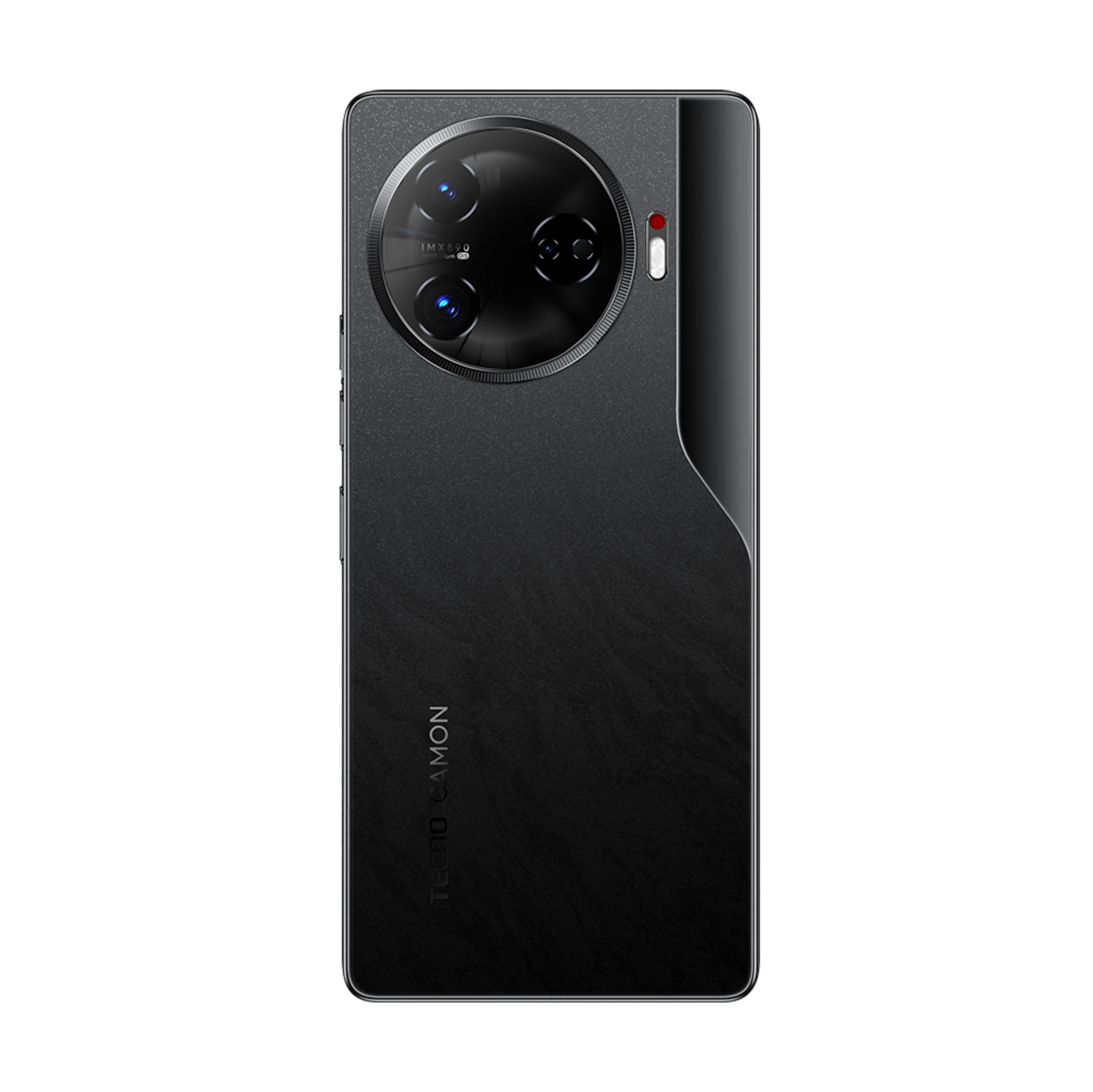 Büyük kamera modülüne ve TECNO CAMON yazısına sahip siyah akıllı telefon.
