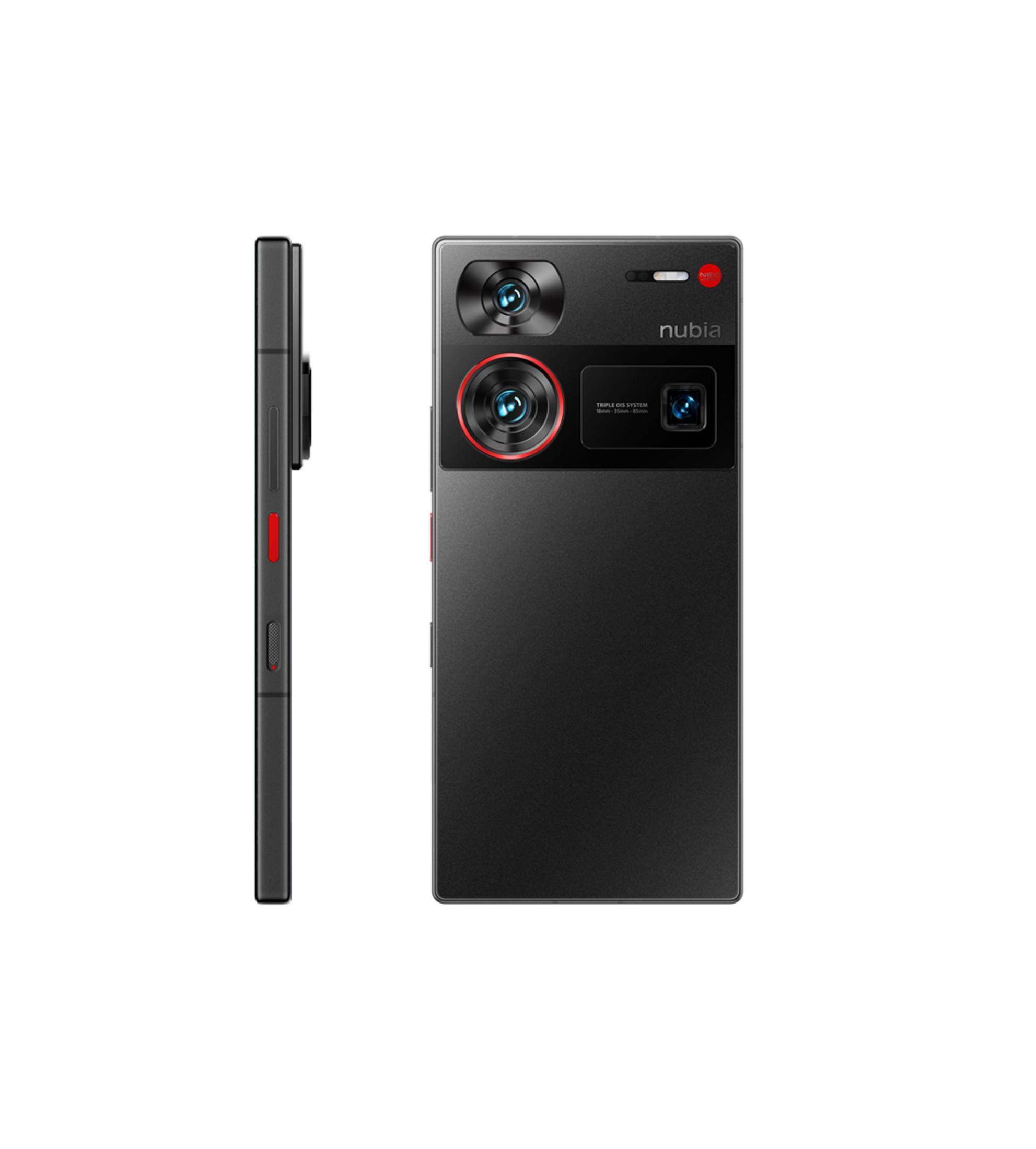 Schwarzes Smartphone mit drei Kameras und Blitz auf der Rückseite. Seitenansicht daneben.