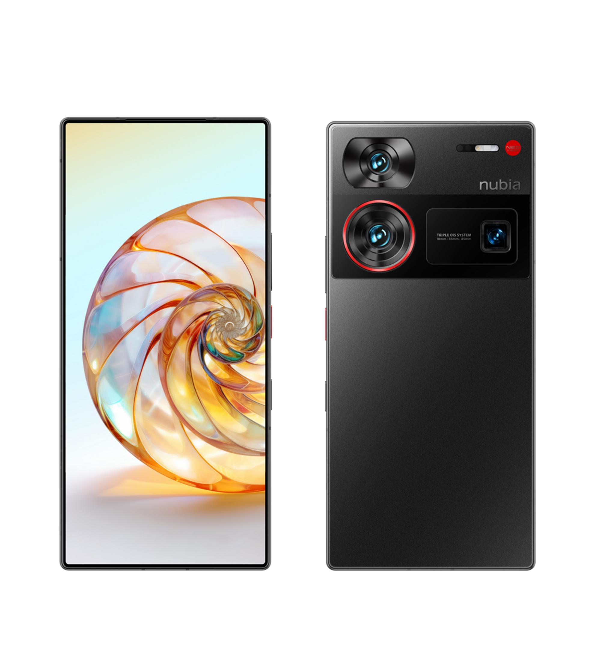 Ein schwarzes Nubia Smartphone mit drei Kameras und einem bunten Hintergrundbild.