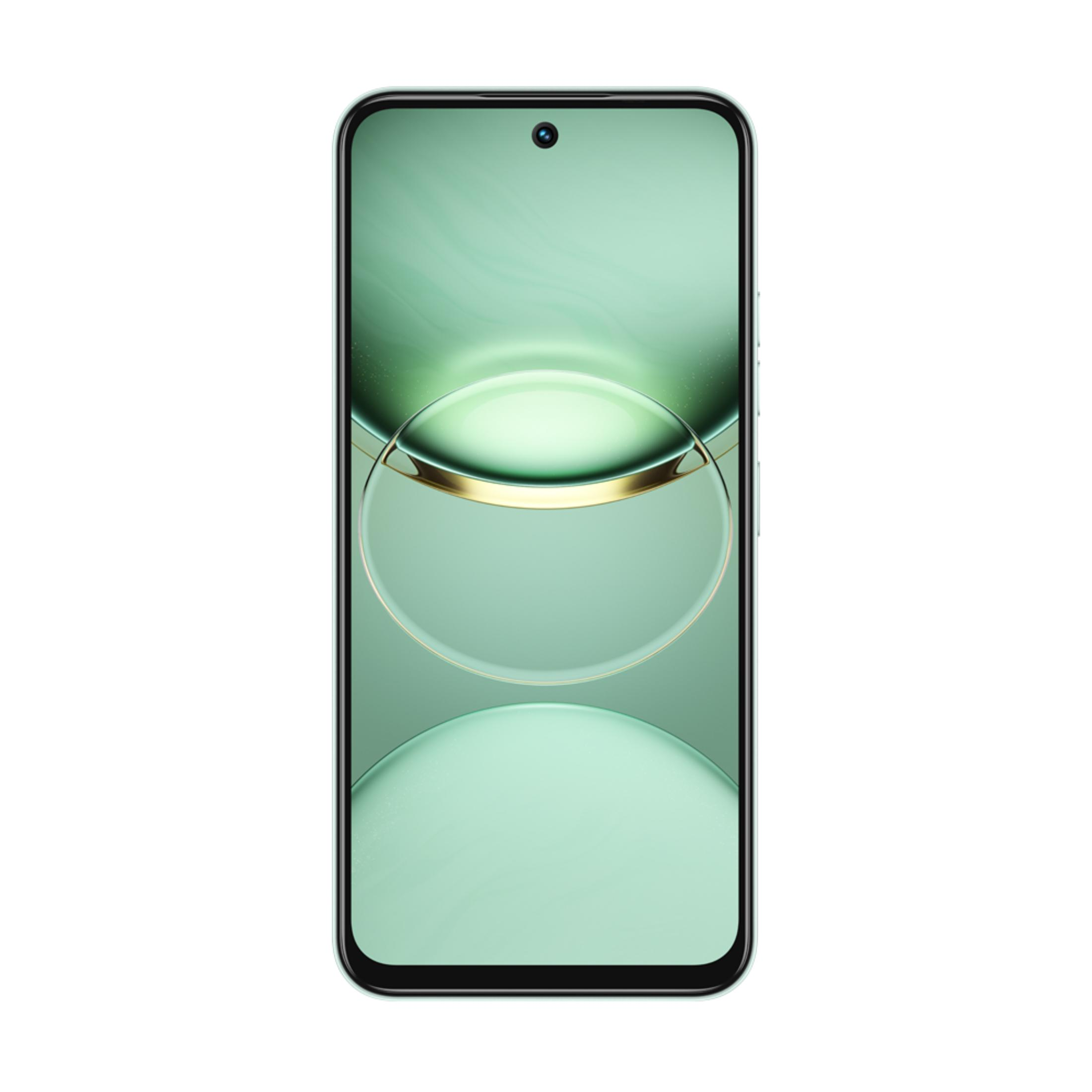Uno smartphone verde menta con un motivo circolare sullo schermo.