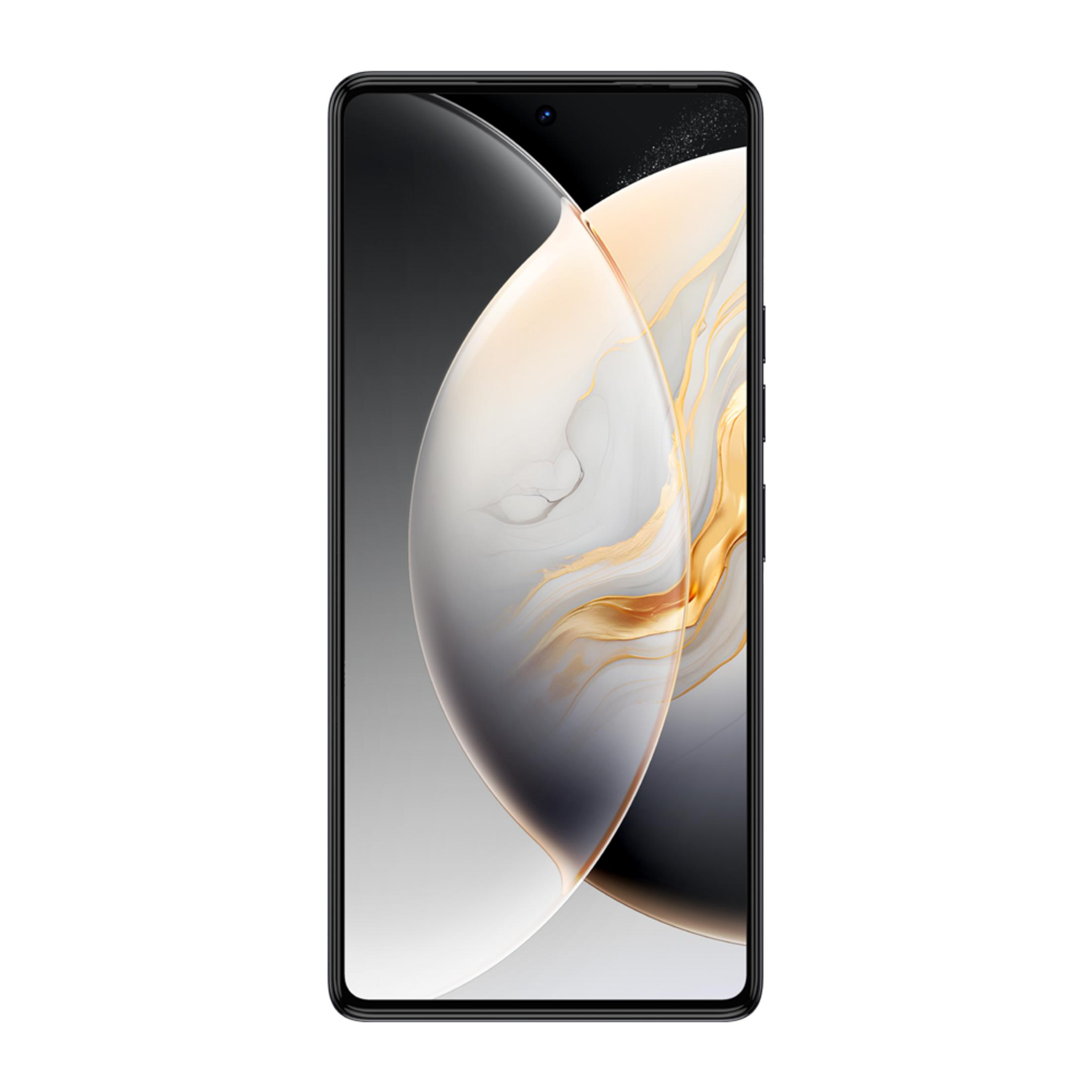 Ekranında soyut, akıcı bir desene sahip siyah bir akıllı telefon.