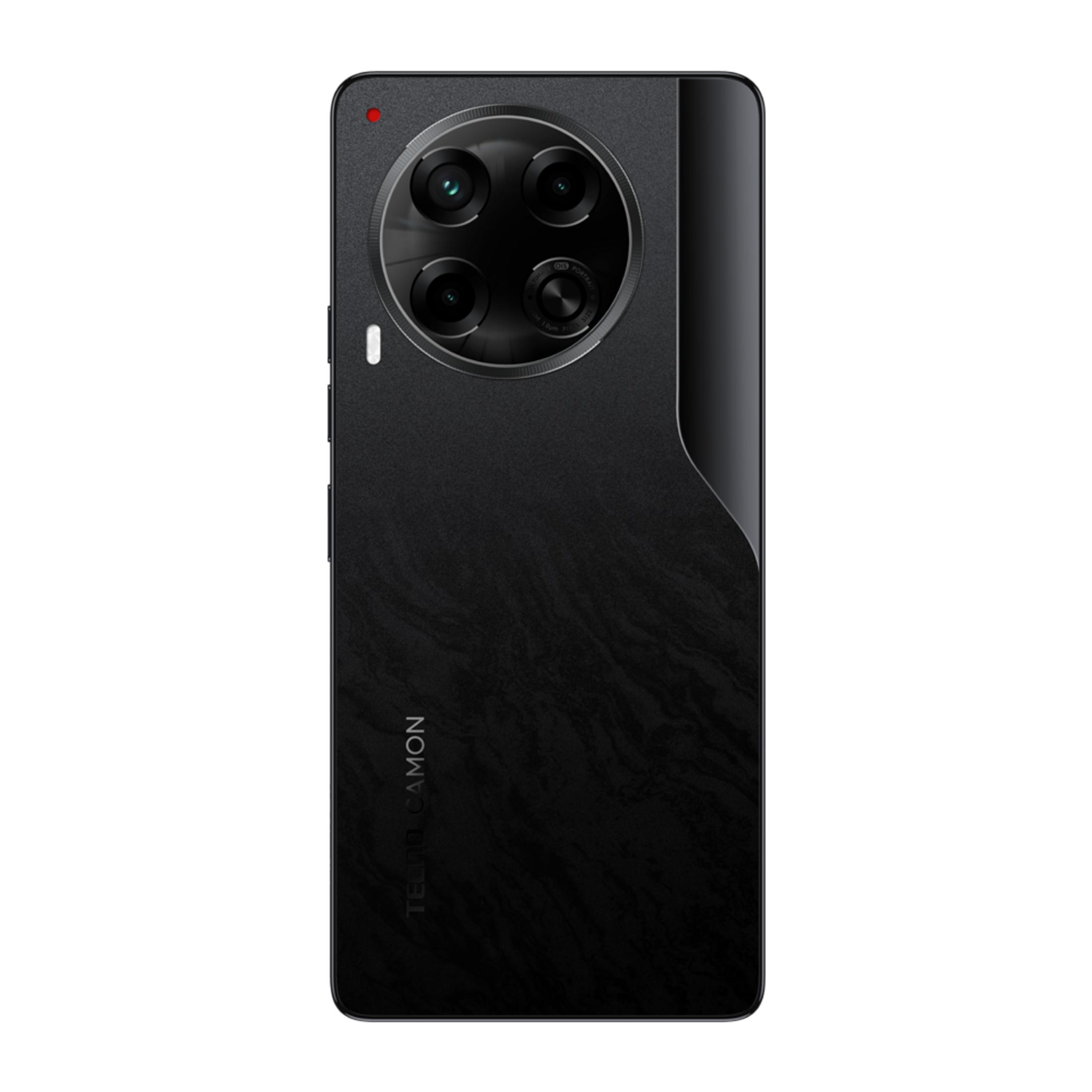 Dört kameralı ve kırmızı flaş noktalı siyah akıllı telefon. TECNO CAMON.