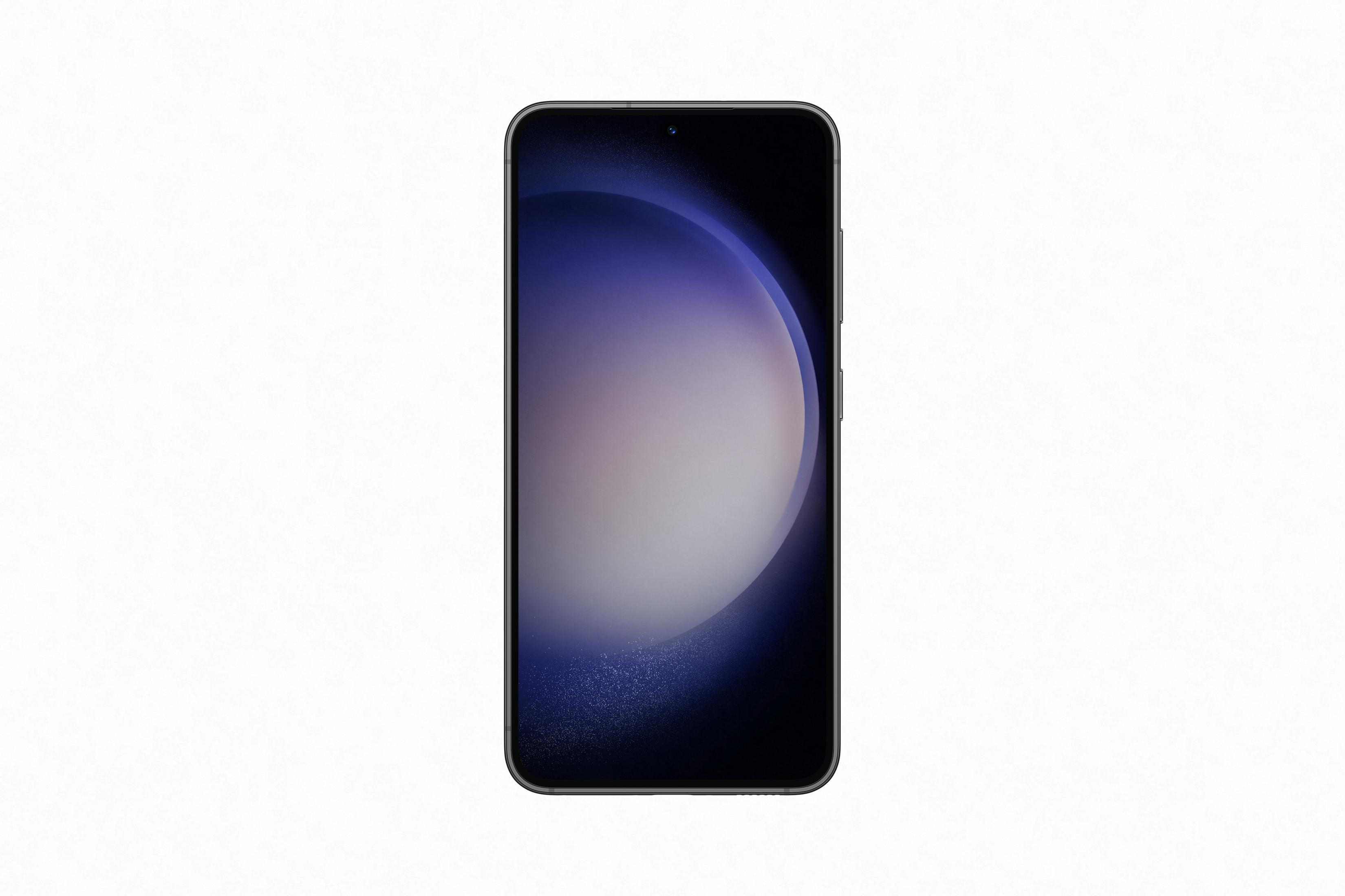 Mavi bir ışık çemberi gösteren koyu, pürüzsüz ekranlı modern bir akıllı telefon.