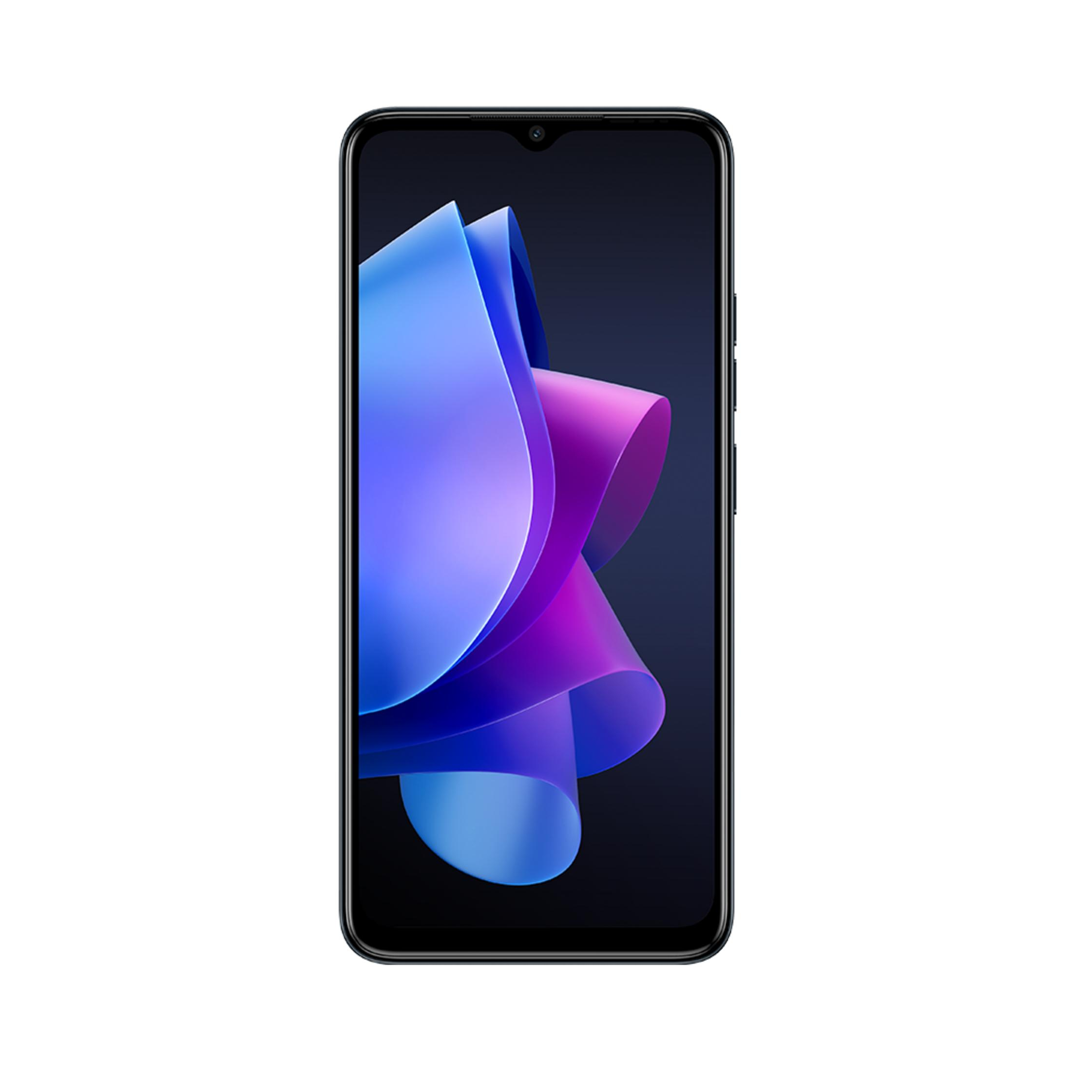 Koyu arka plan ve mavi-mor desenli siyah akıllı telefon.