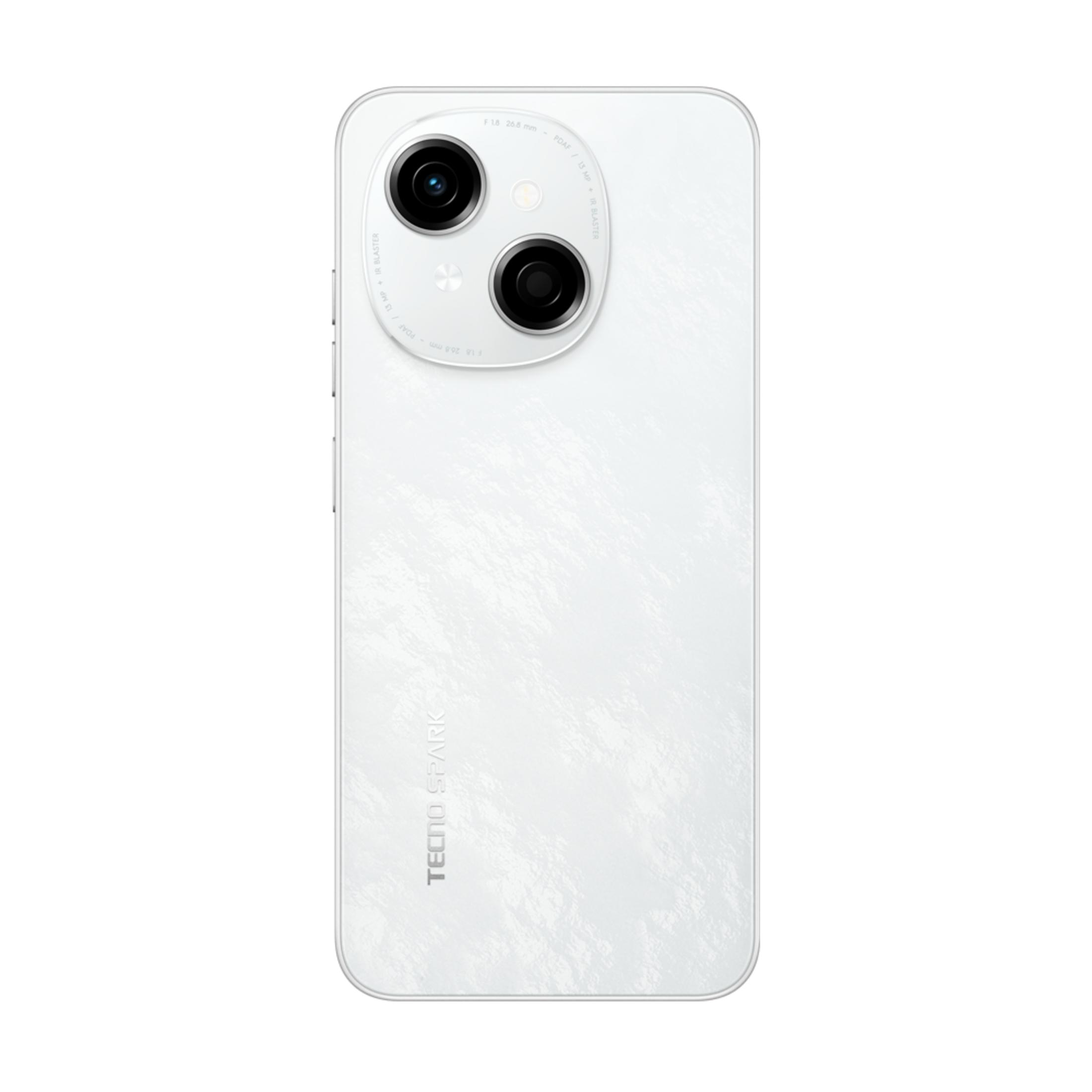 Çift kameralı beyaz akıllı telefon ve "TECNO SPARK" yazısı.