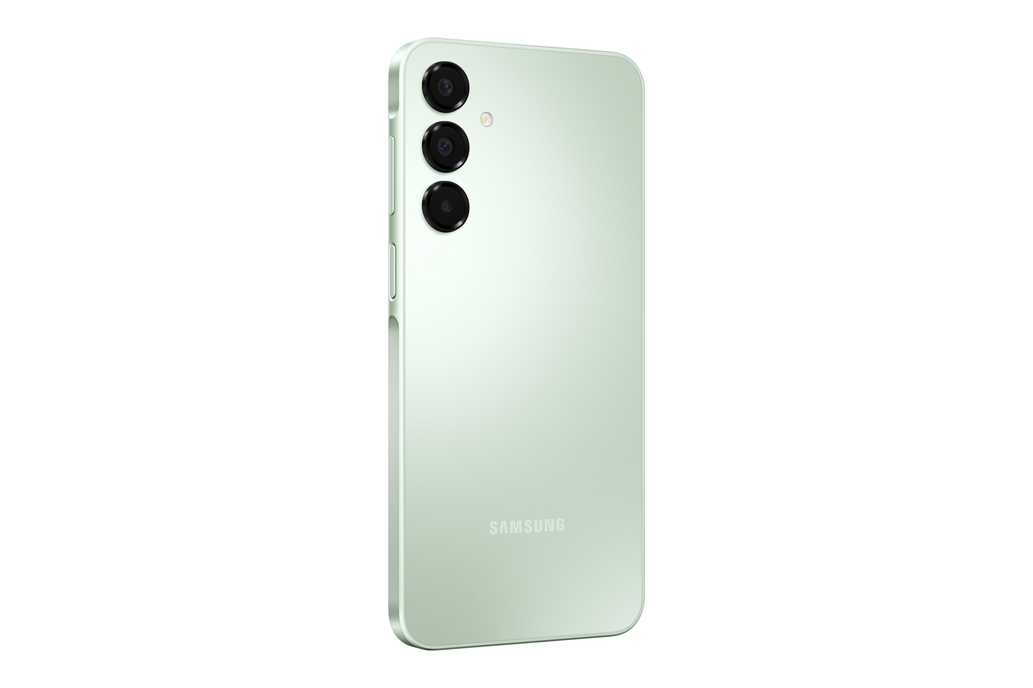 Arkada üç kamera lensi bulunan açık yeşil Samsung akıllı telefon.
