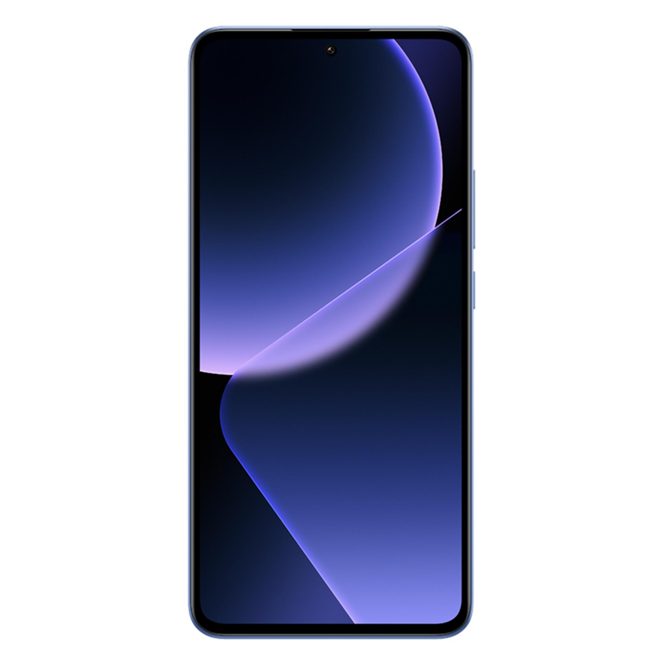 Een blauwe smartphone met een donkere, abstracte achtergrondafbeelding.