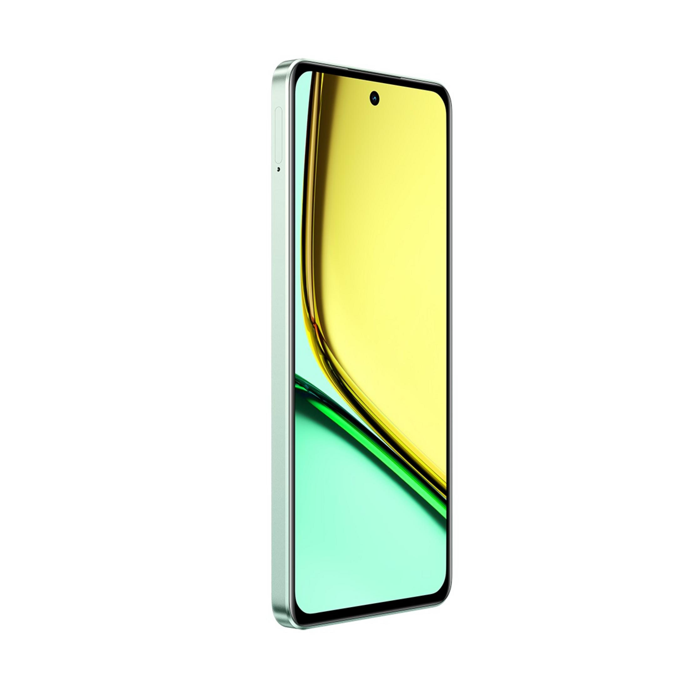 Ekranında sarı ve yeşil arka plana sahip açık yeşil bir akıllı telefon.