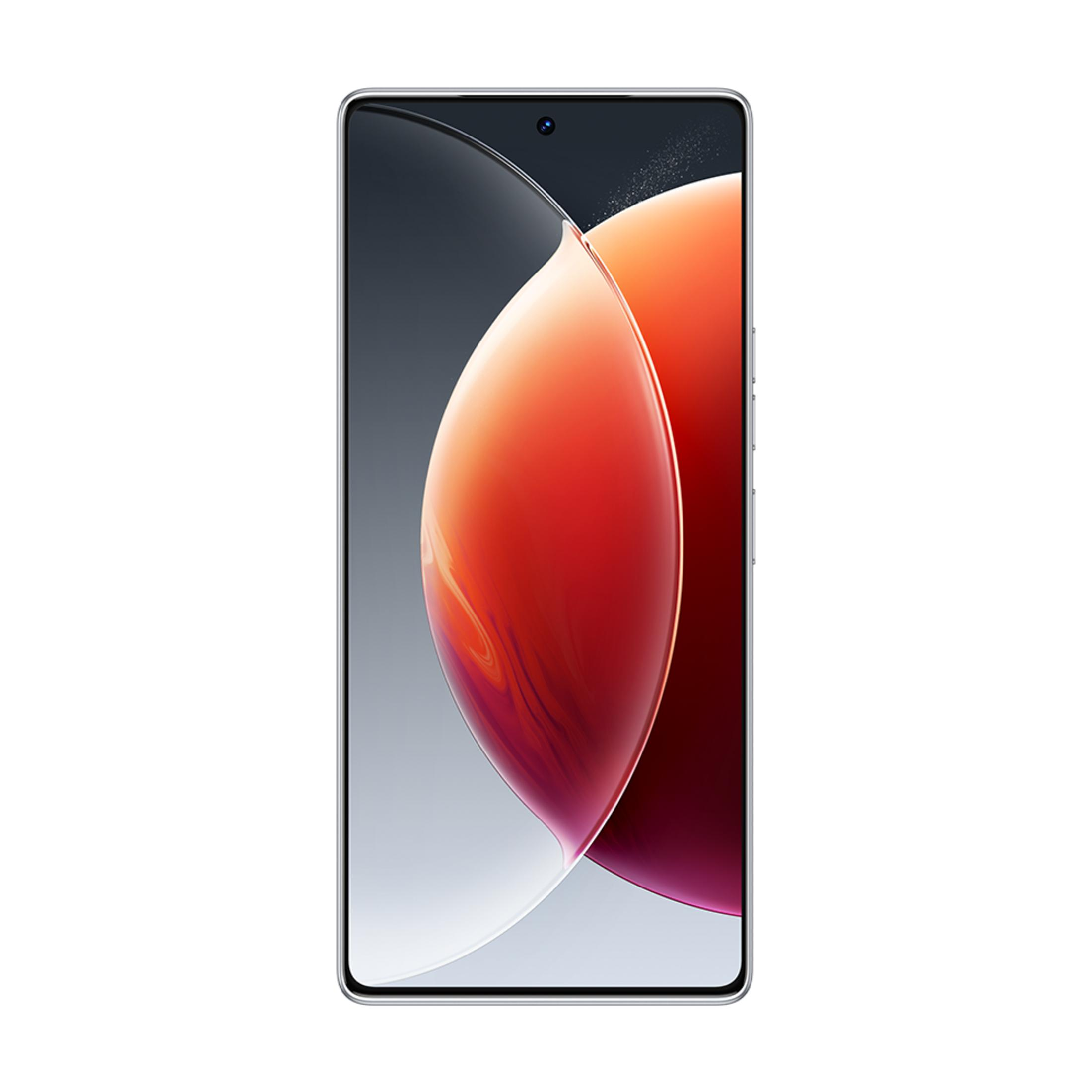 Gümüş çerçeveli şık bir akıllı telefon, üzerinde dinamik kırmızı ve gri duvar kağıdı.