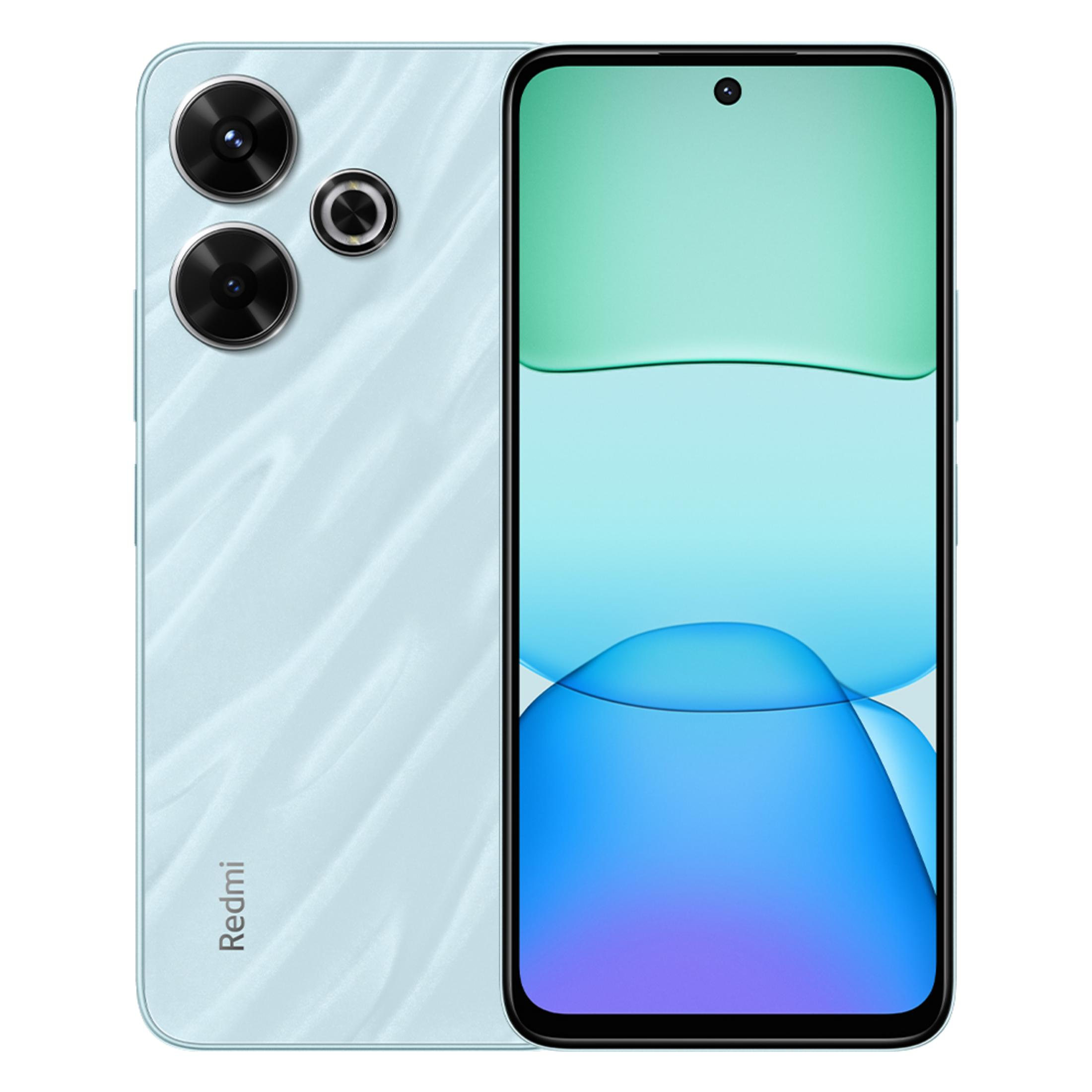 Arkada üç kamerası ve ekranı olan açık mavi bir akıllı telefon.