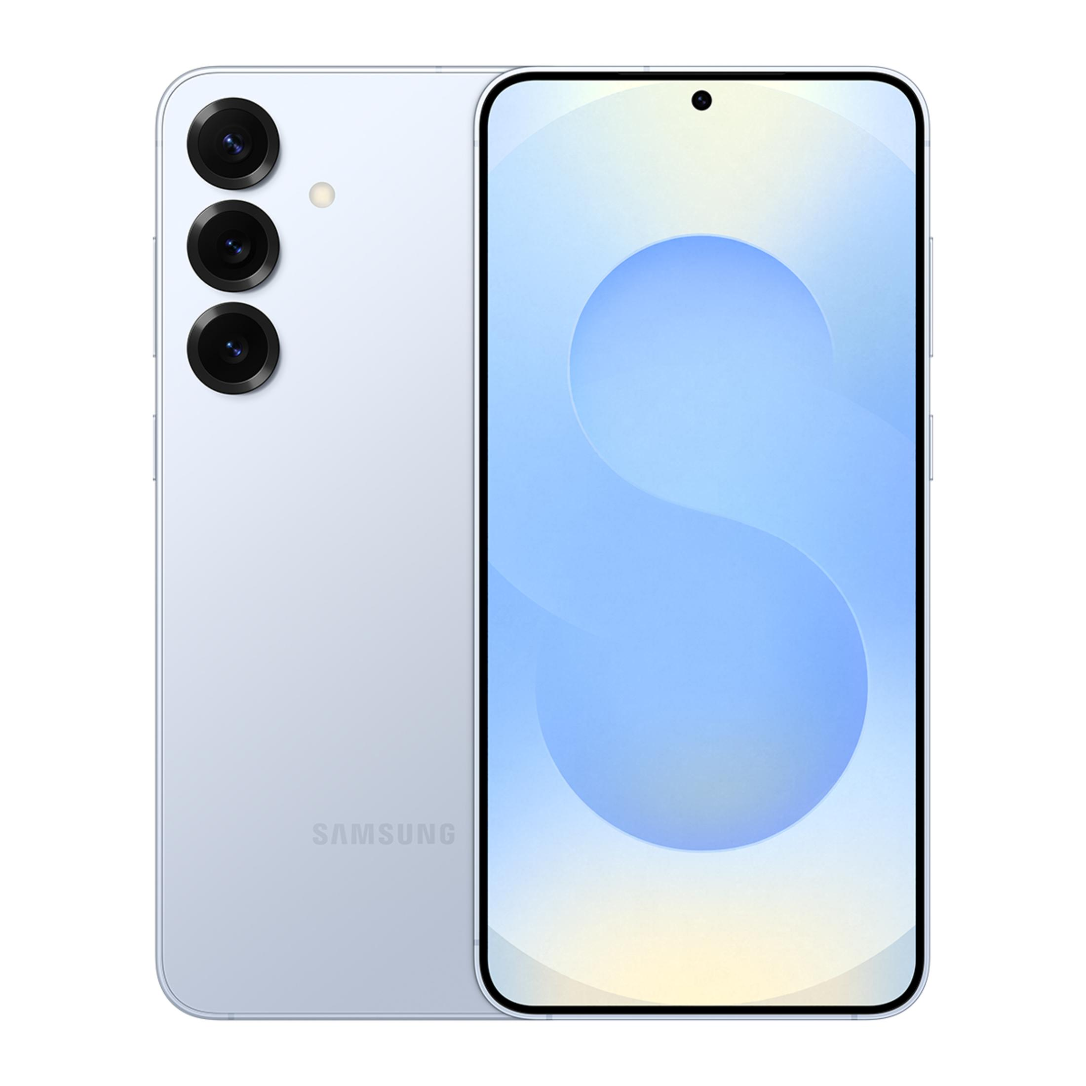 Arkada üç kamerası olan açık mavi bir Samsung akıllı telefon.
