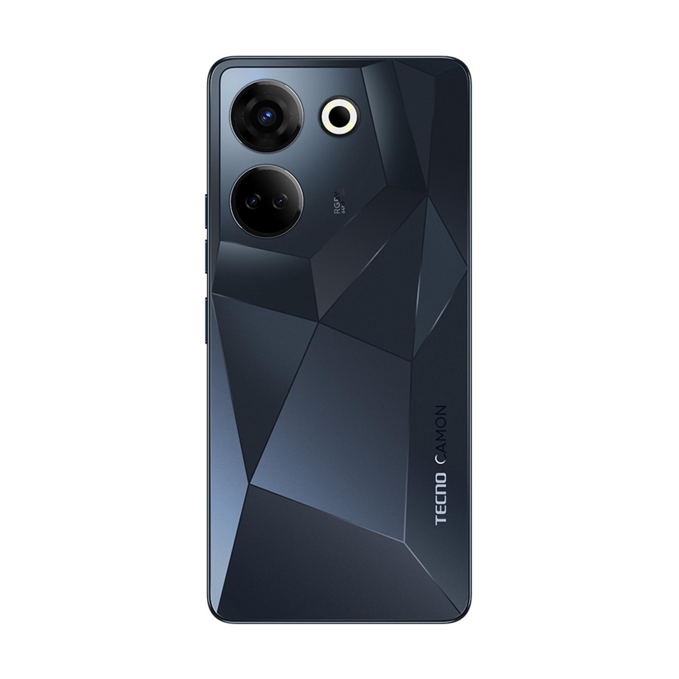 Geometrik desenli, üç kameralı lacivert akıllı telefon.