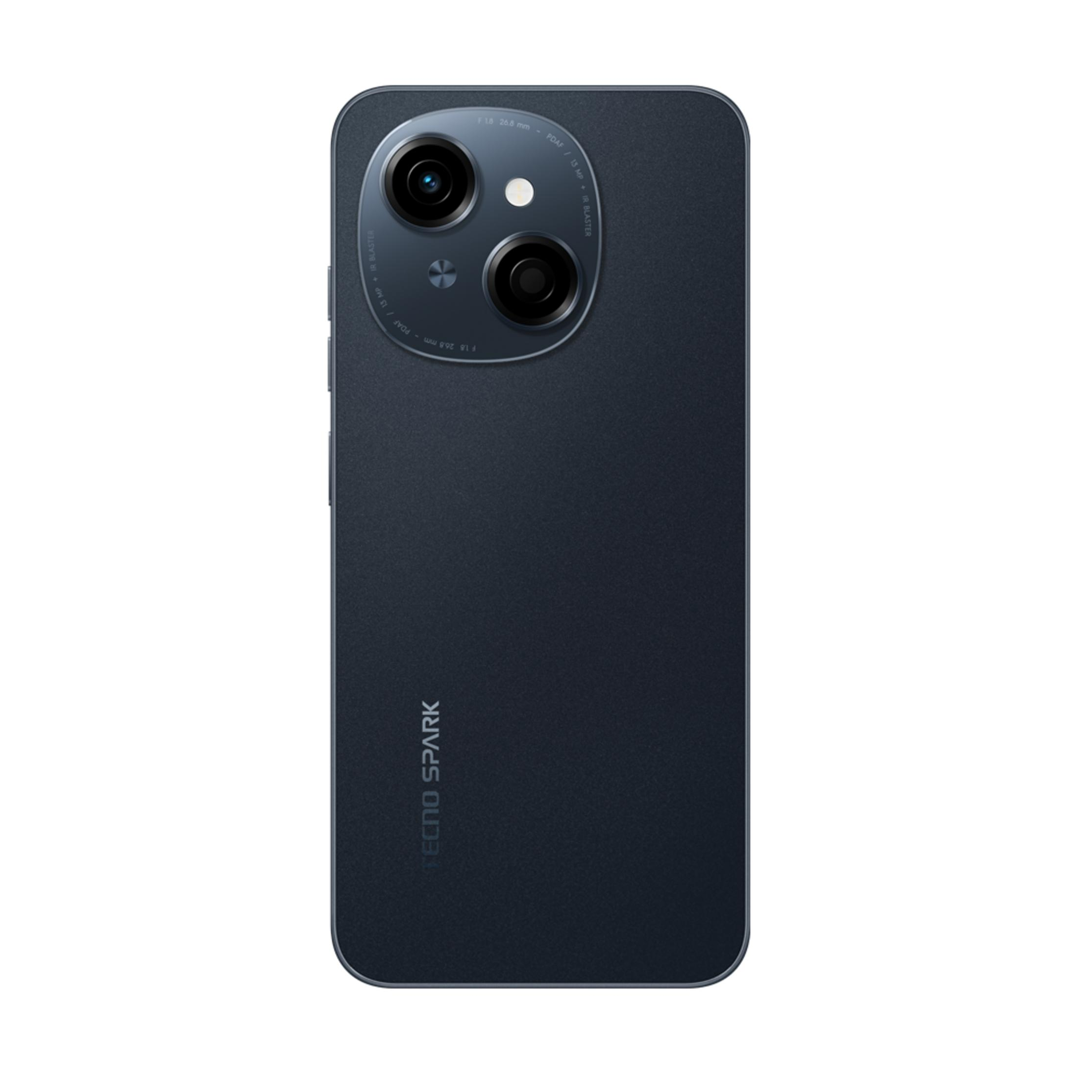 Çift kameralı ve flaşlı koyu mavi Tecno Spark akıllı telefon arkası. Yazı: TECNO SPARK.