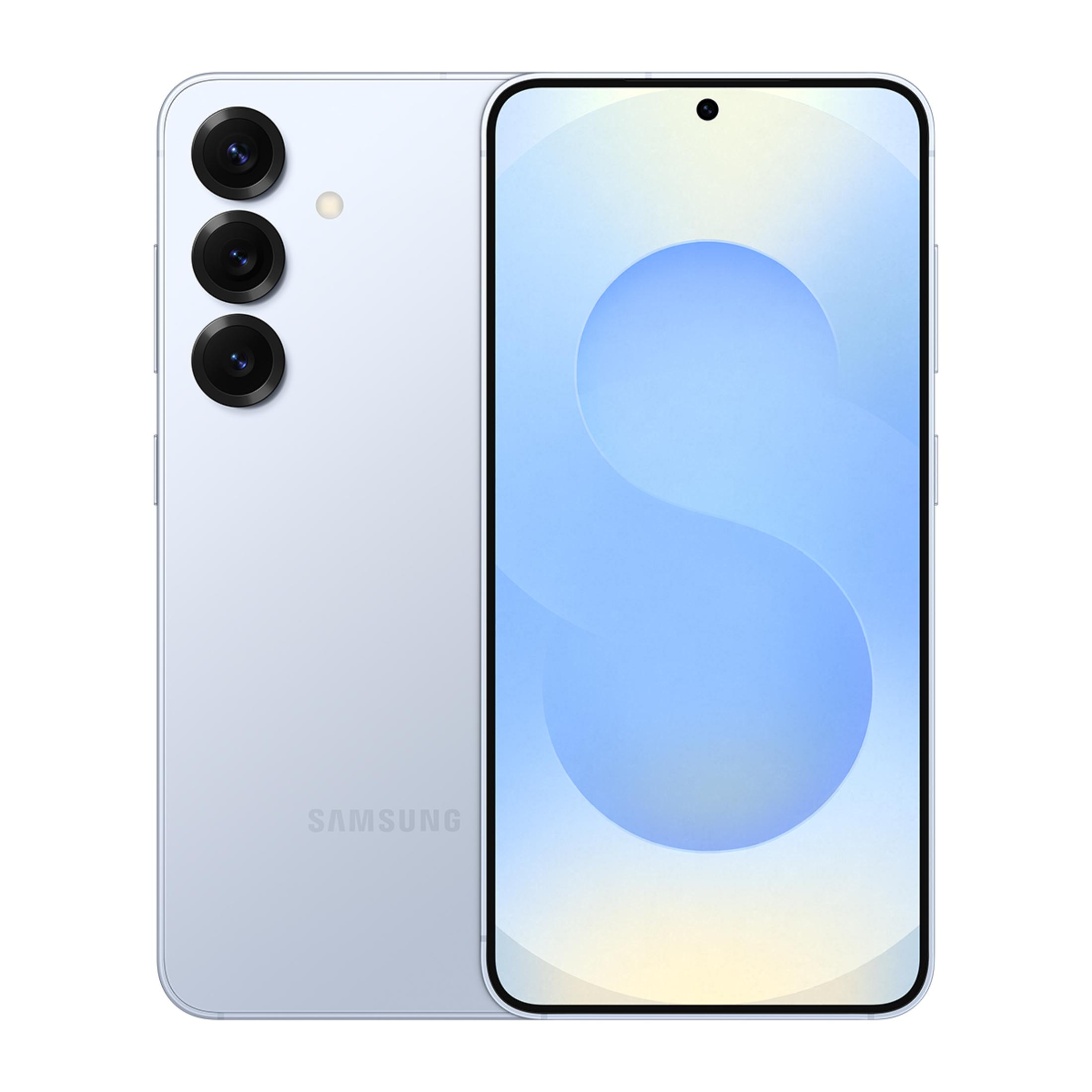 Arkada üç kamerası ve açık mavi ekranı olan açık mavi bir akıllı telefon.