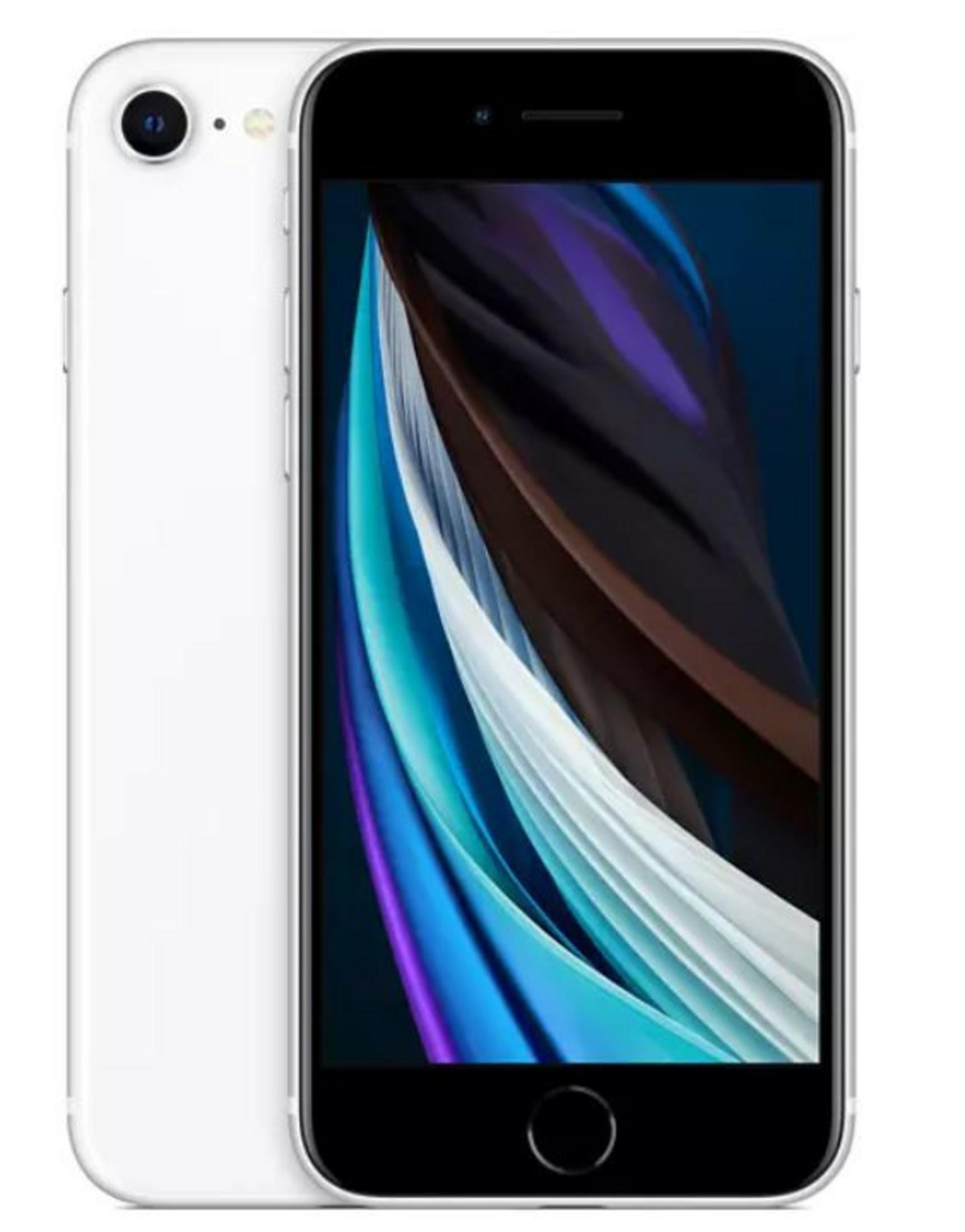 Biały iPhone SE z czarnym ekranem wyświetlającym kolorową tapetę.