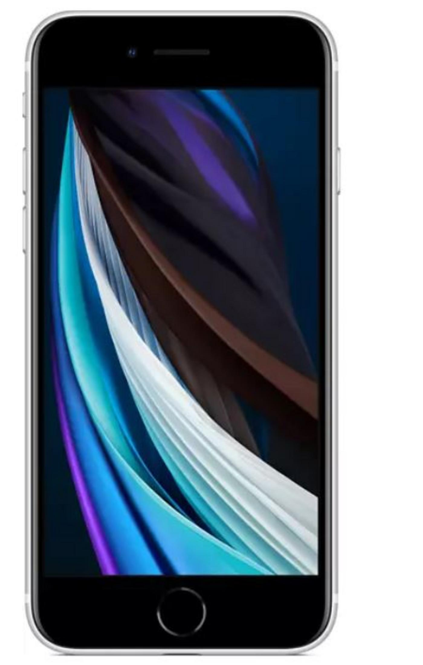 Srebrny iPhone SE z abstrakcyjną niebiesko-fioletową tapetą.