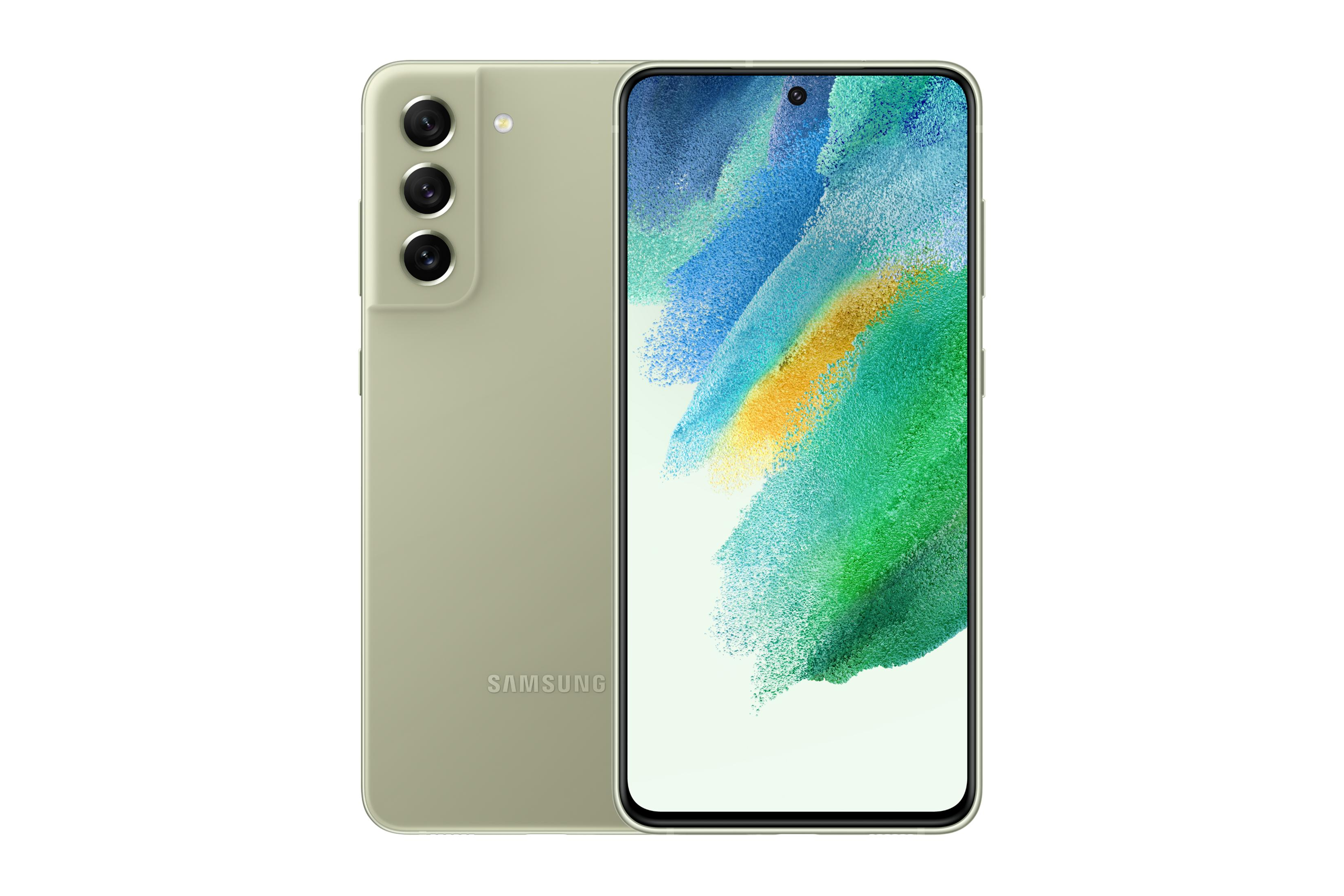 Arkada üç kamerası olan açık yeşil Samsung akıllı telefon, beyaz üzerinde.