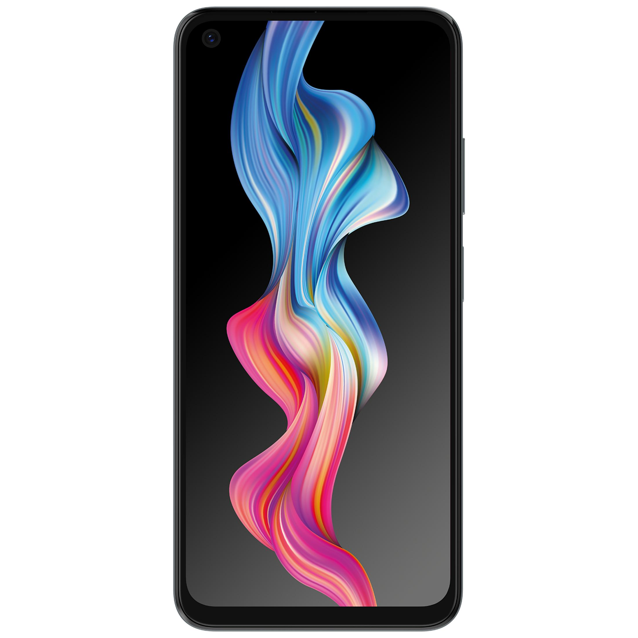 Ekranında renkli, akıcı soyut desen gösteren siyah bir akıllı telefon.