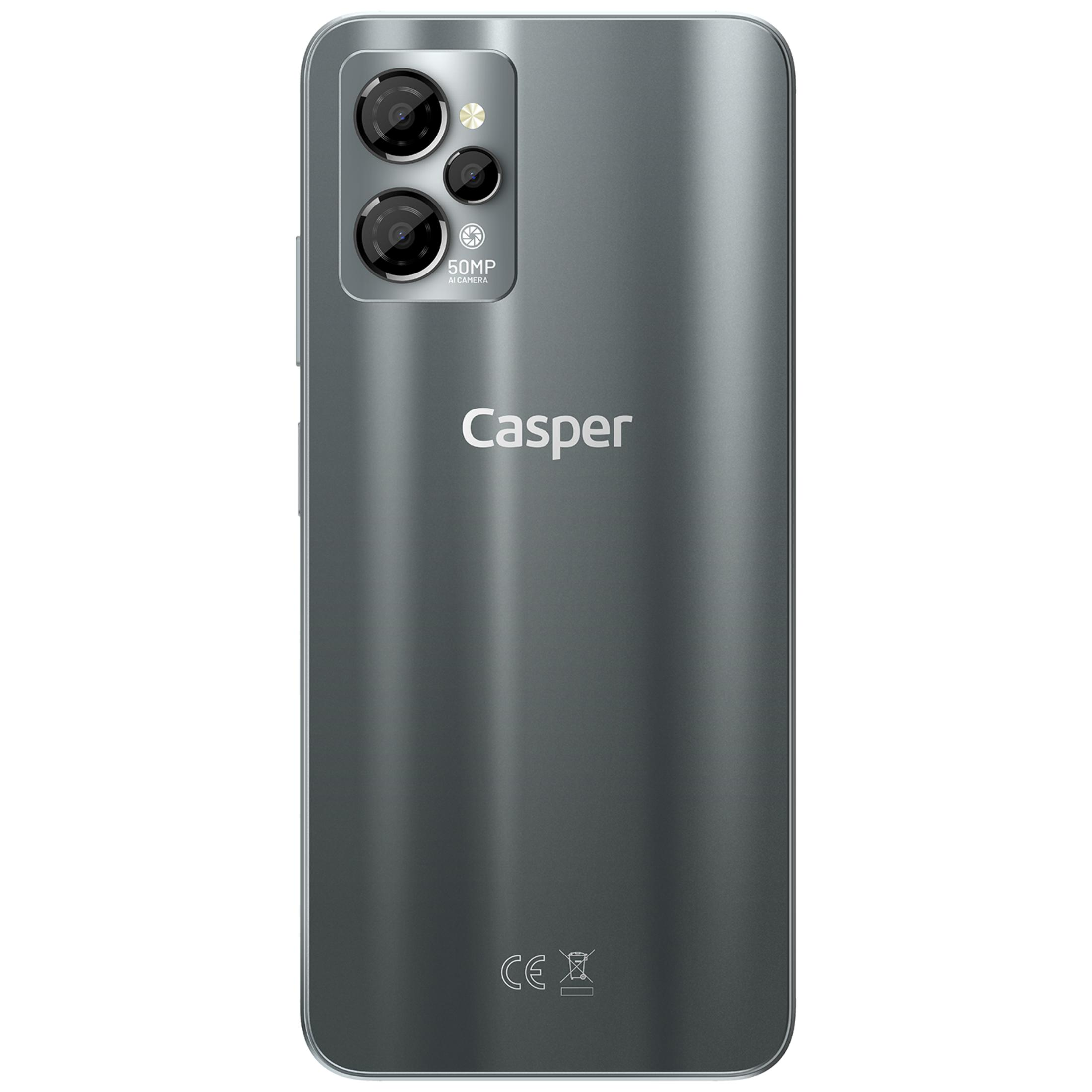 Üçlü kameraya ve logoya sahip gri Casper akıllı telefonun arkası.