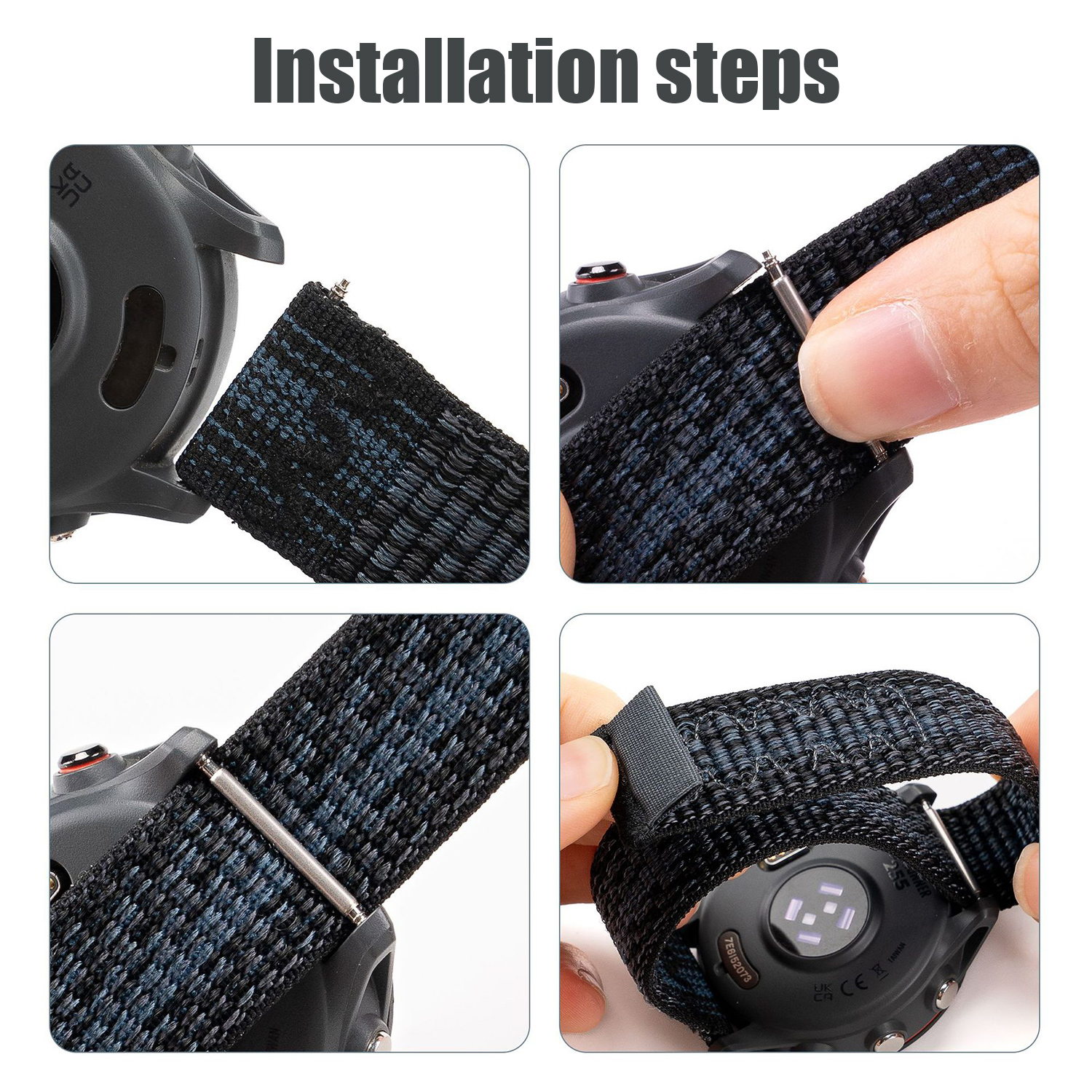 Kroki pokazują, jak przymocować pasek do zegarka. W pasek wkładany jest pin.