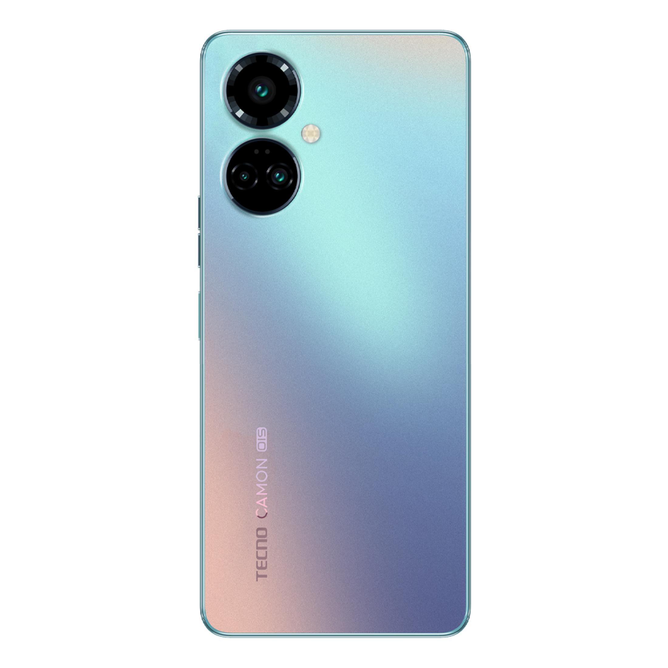 Mavi-pembe geçişli ve üç kameralı Tecno Camon 19 telefonun arka yüzü.