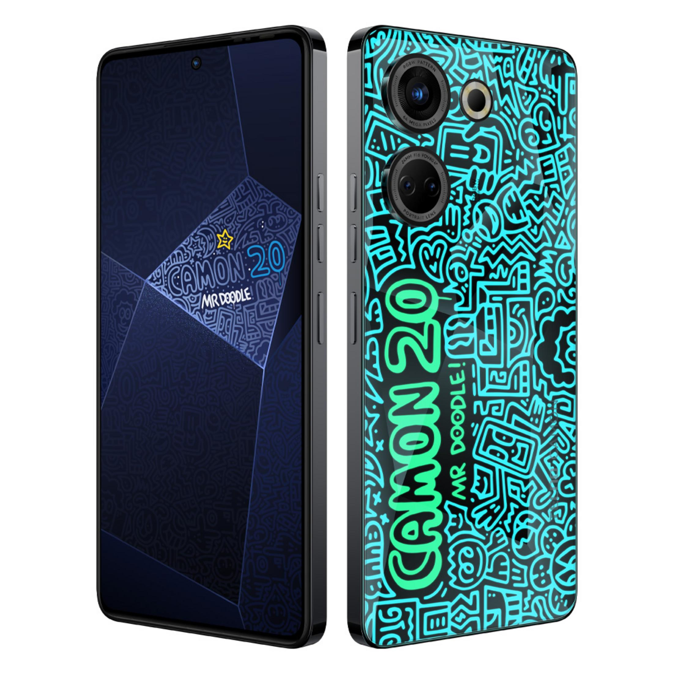 Mavi desenli ve "CAMON 20 MR DOODLE" yazılı bir akıllı telefon.