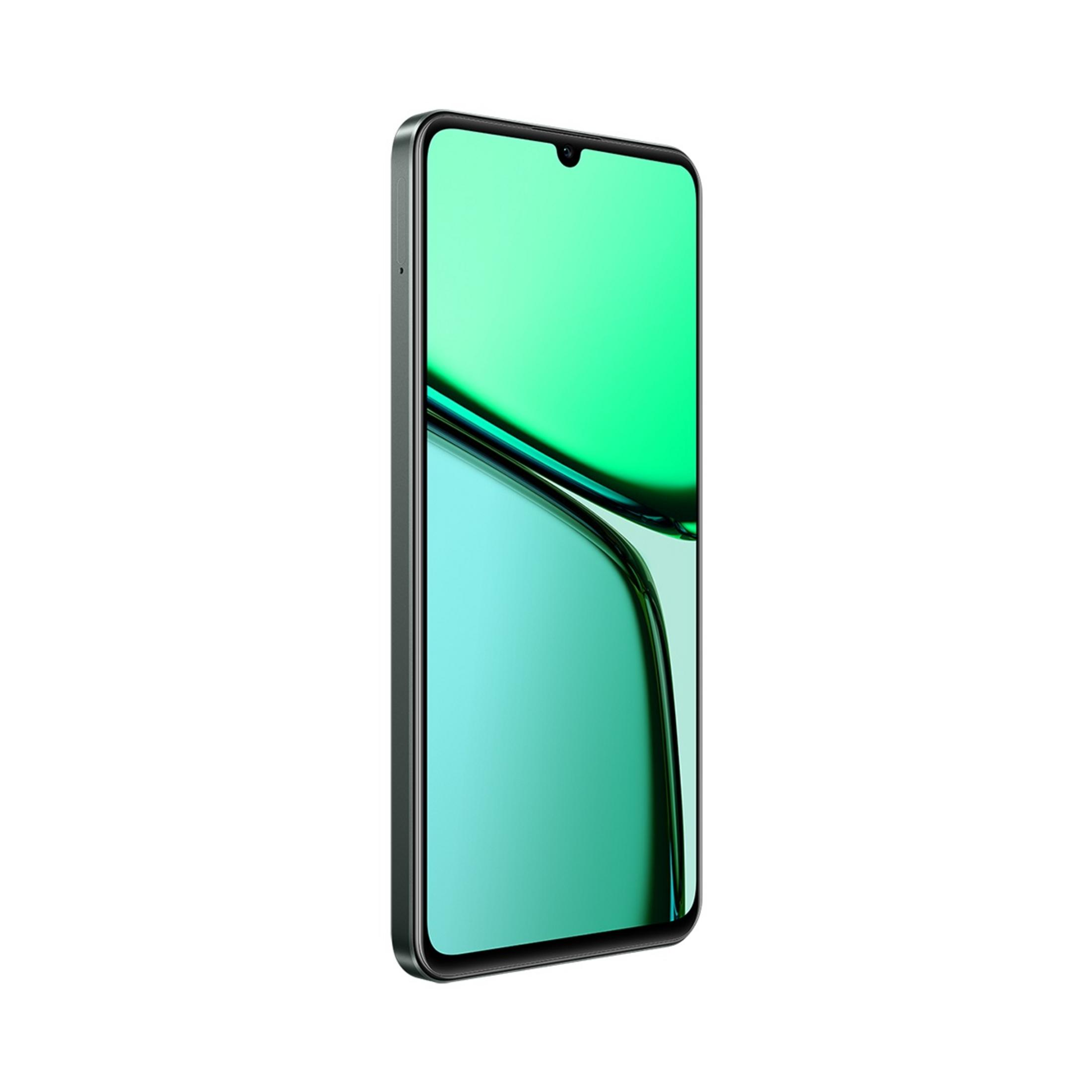 Turkuaz ekranlı gri akıllı telefon, beyaz arka plan üzerinde.