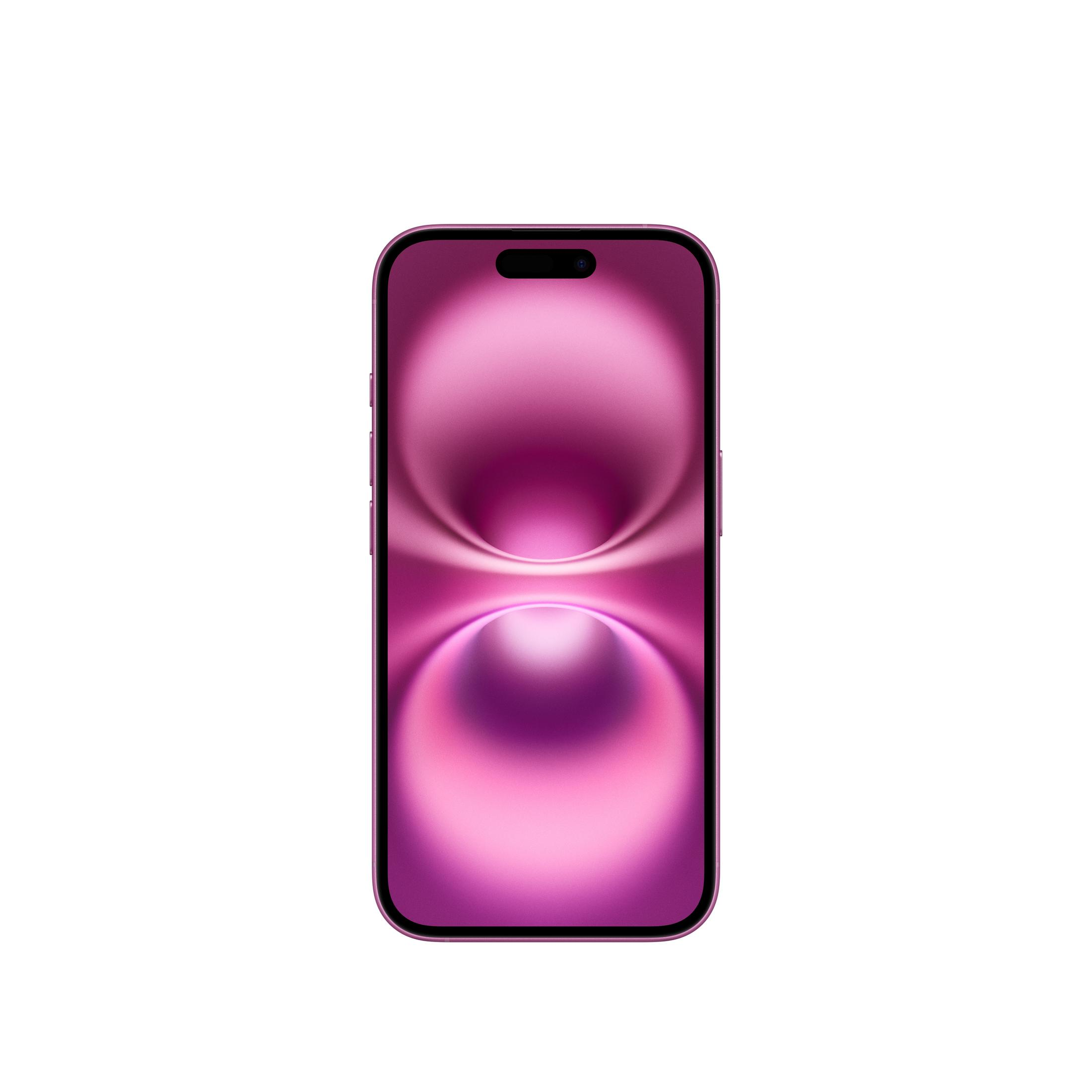 Różowy smartfon z dynamicznym, abstrakcyjnym tłem na ekranie.