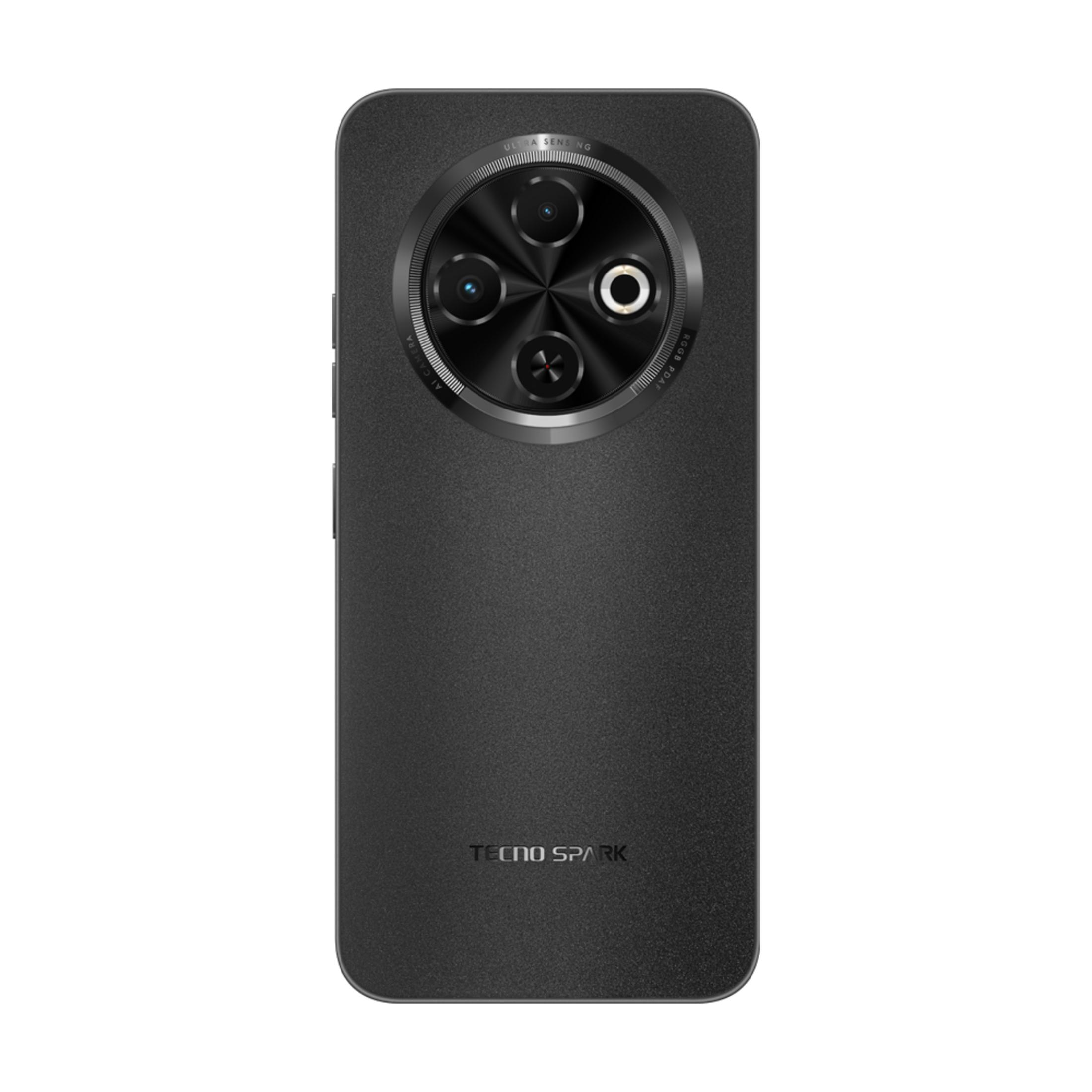 Dört kameralı ve logolu siyah Tecno Spark akıllı telefonun arkası.