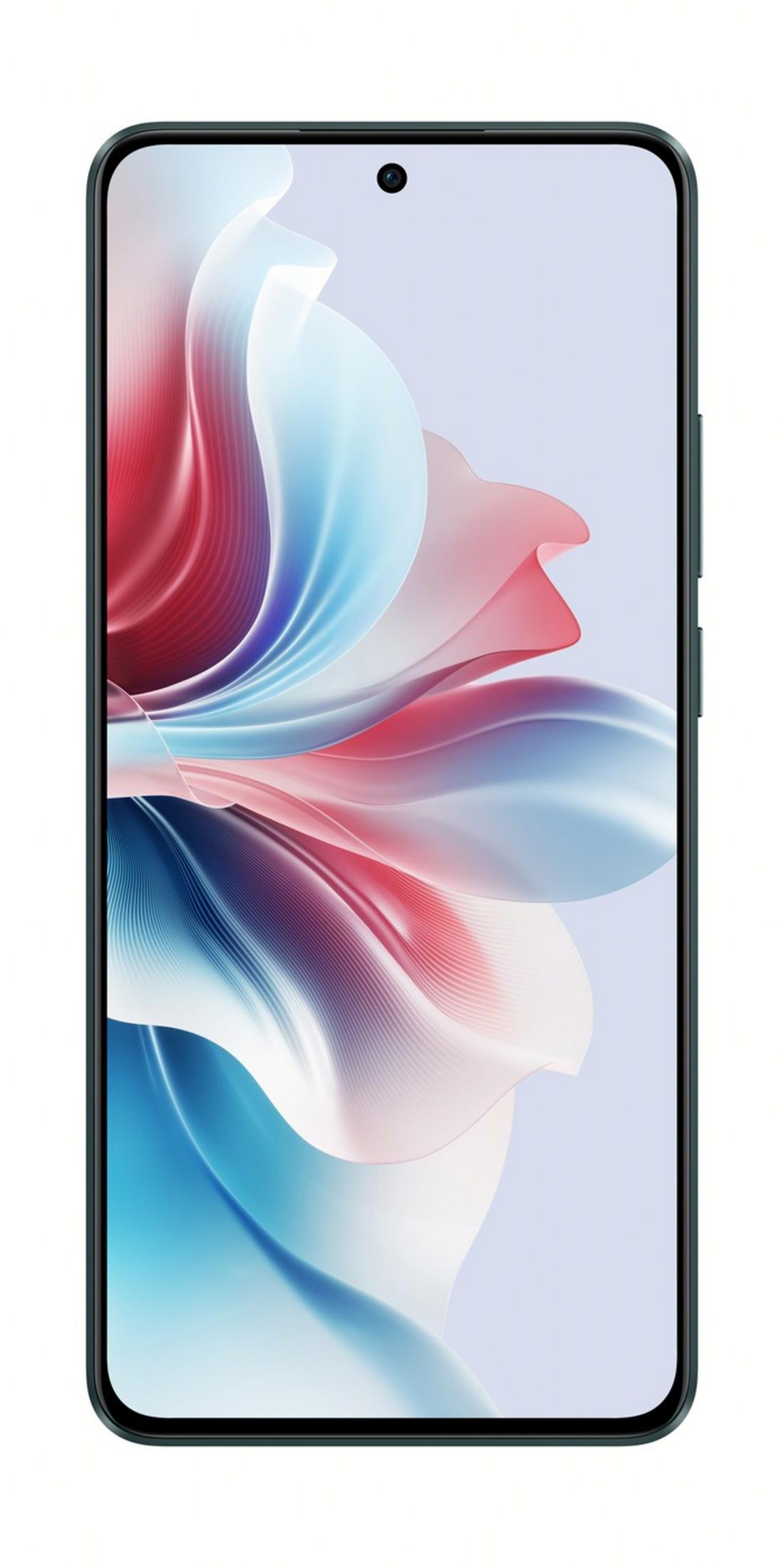 Kırmızı ve mavi tonlarda soyut, akıcı arka plana sahip koyu yeşil akıllı telefon.