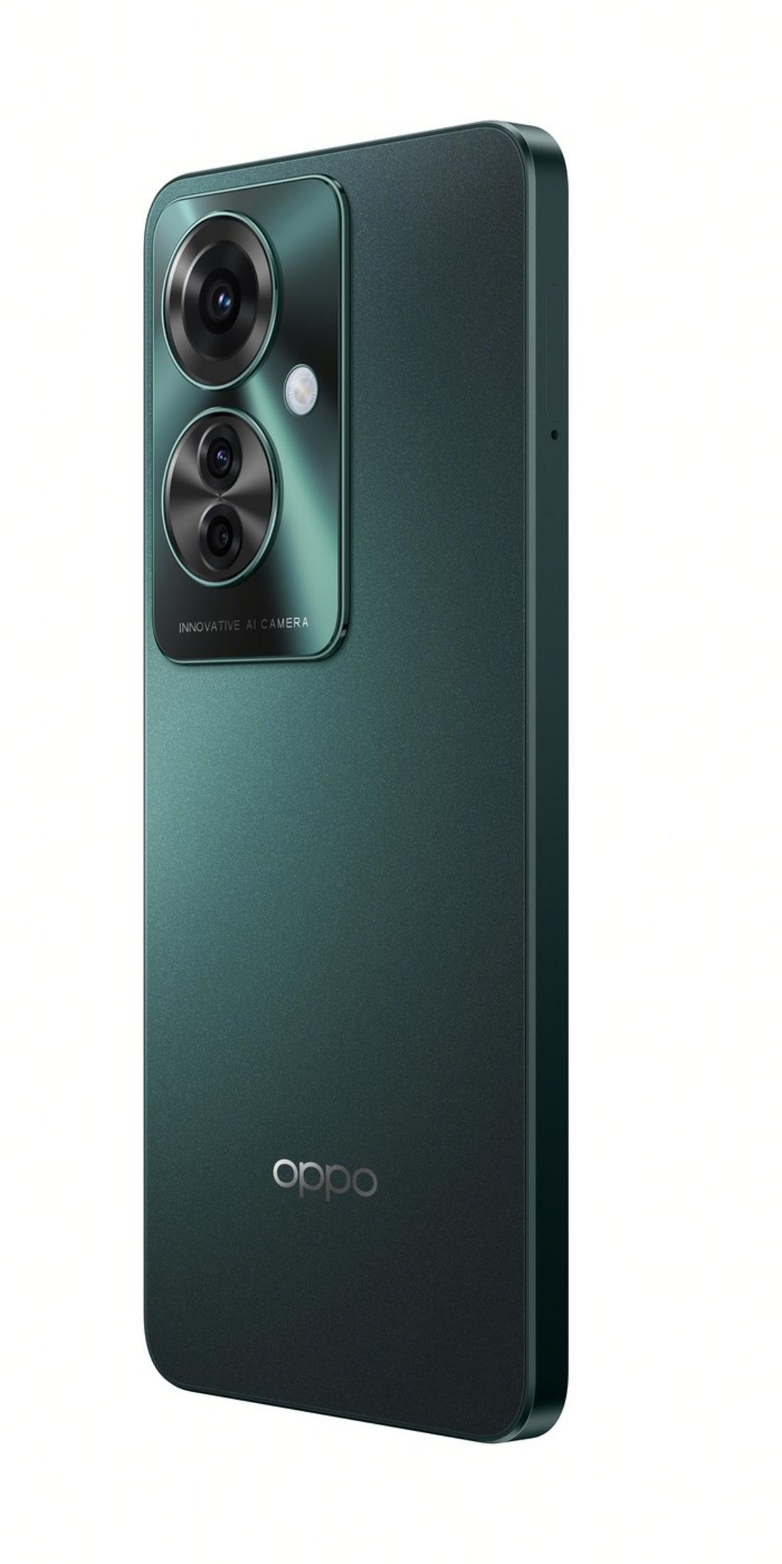 Arkada üç kamera ve flaşa sahip koyu yeşil Oppo akıllı telefon.