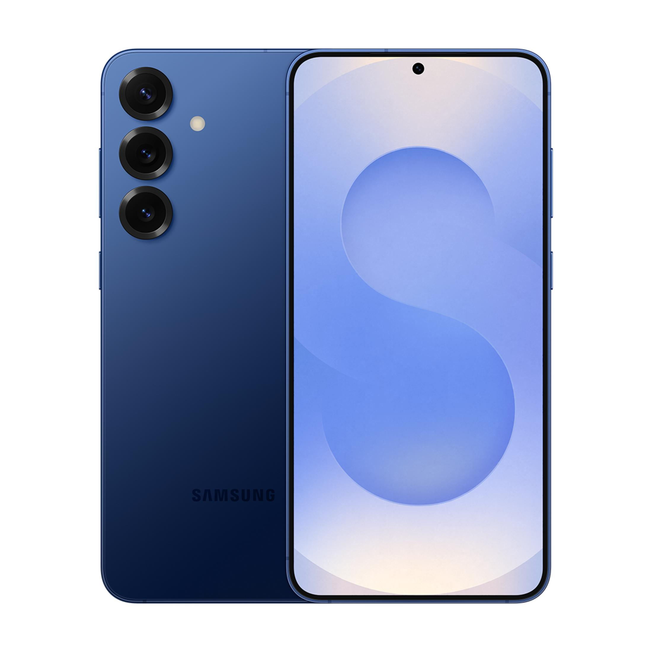 Arkada üç kamerası olan mavi bir Samsung akıllı telefon.