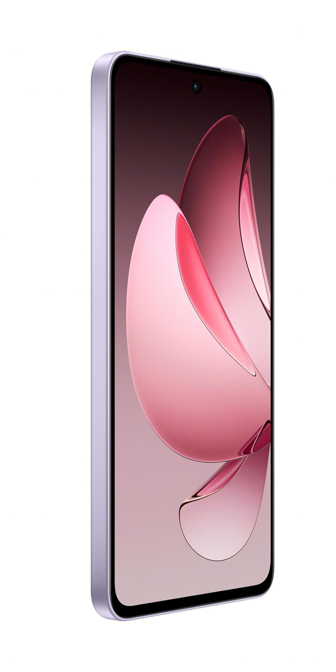 Soyut pembe duvar kağıdı gösteren mor bir akıllı telefon.