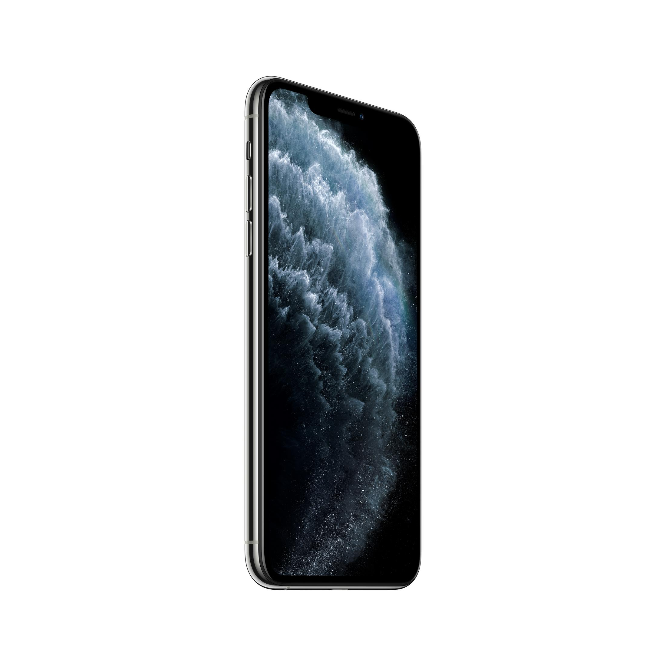 Srebrny iPhone wyświetla ciemną tapetę z chmurami.