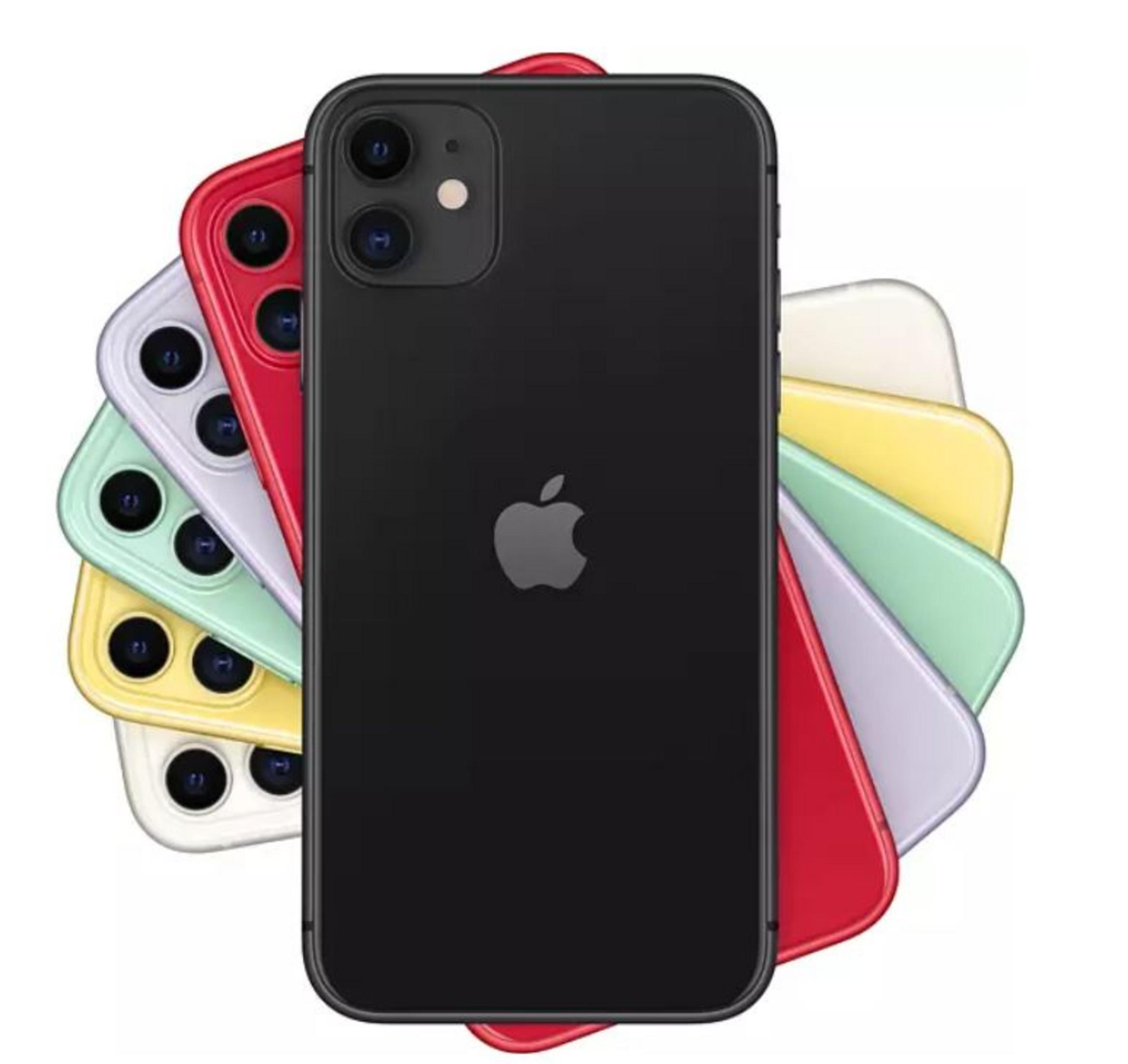 Siyah bir iPhone, birkaç renkli iPhone'un üzerinde.