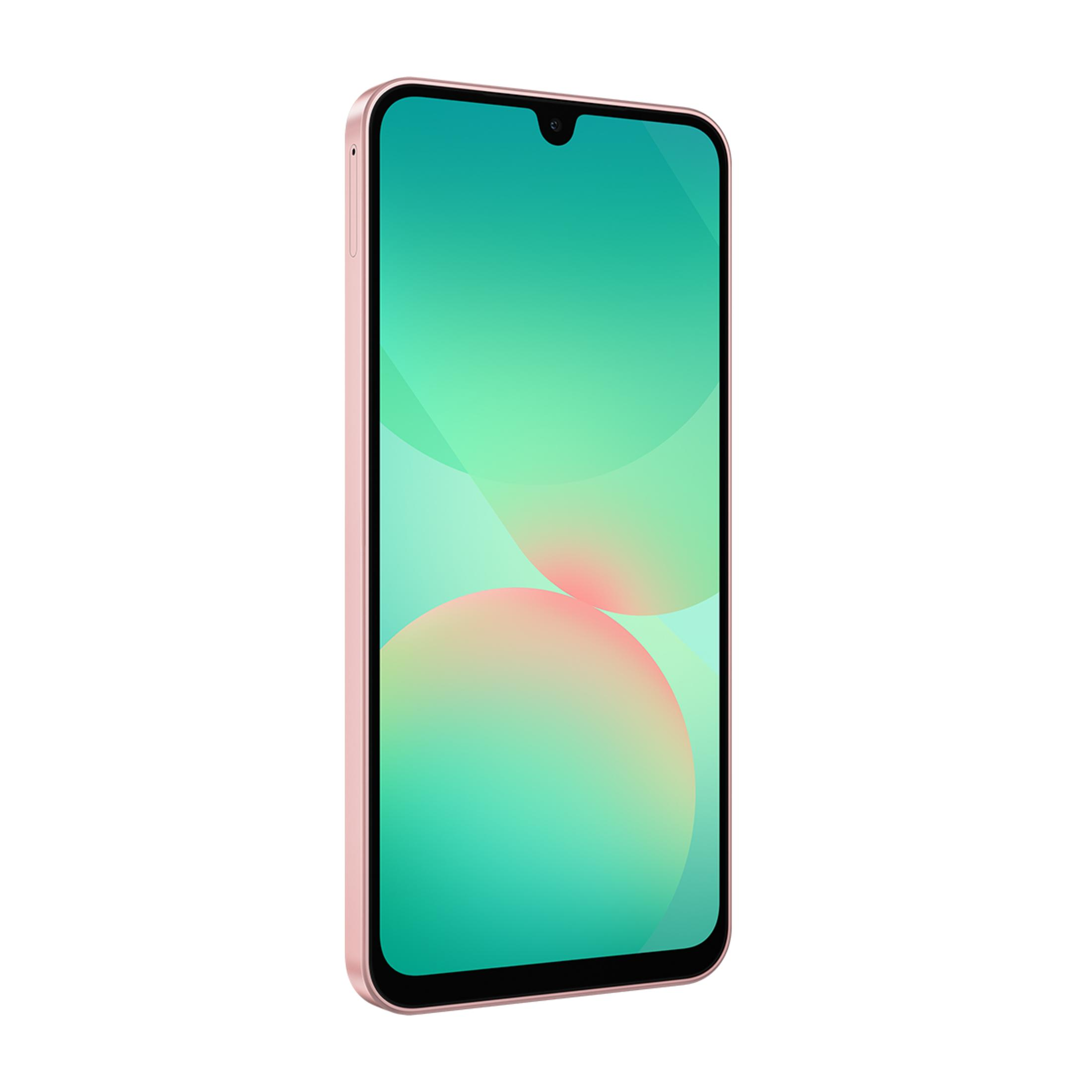 Açılı gösterilen, turkuaz geçişli ekrana sahip pembe bir akıllı telefon.